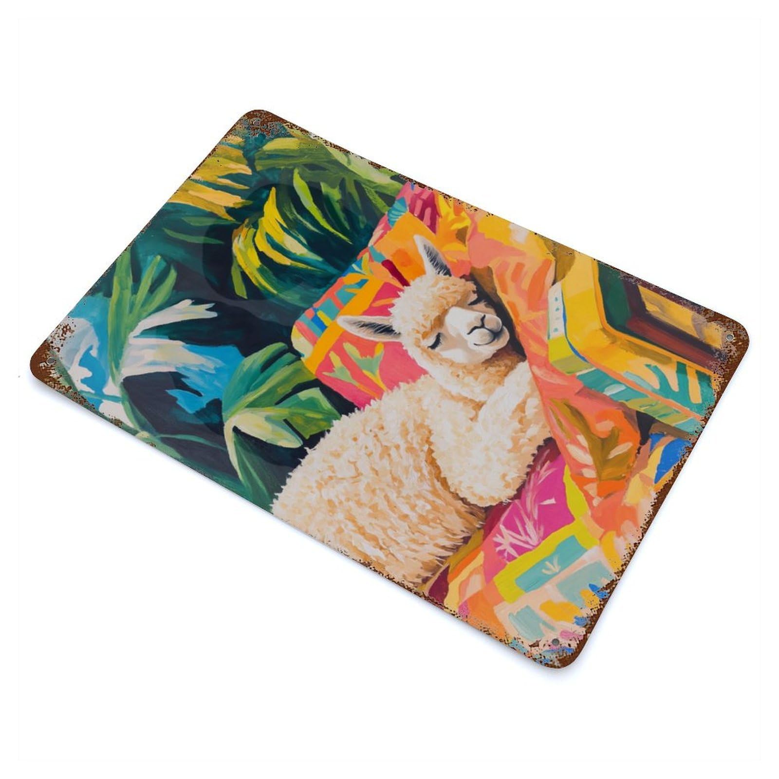 Sleeping Alpaca in Tropical Paradise Rust Effect Tin Sign 11.8"x7.9", Ideal for Farmhouse, Kitchen And Entryway Decor