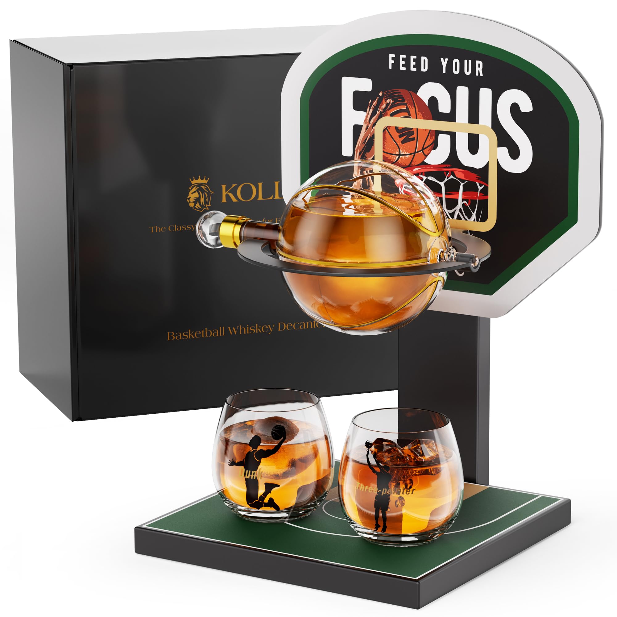 Kollea Basketball Whiskey Decanter Set with Green Court Stand & 2 Glasses, Cool Whiskey Gifts for Men, Dad, Boyfriend, Coach, Basketball Fans - Birthday, Game Day, Christmas, Retirement Gift idea