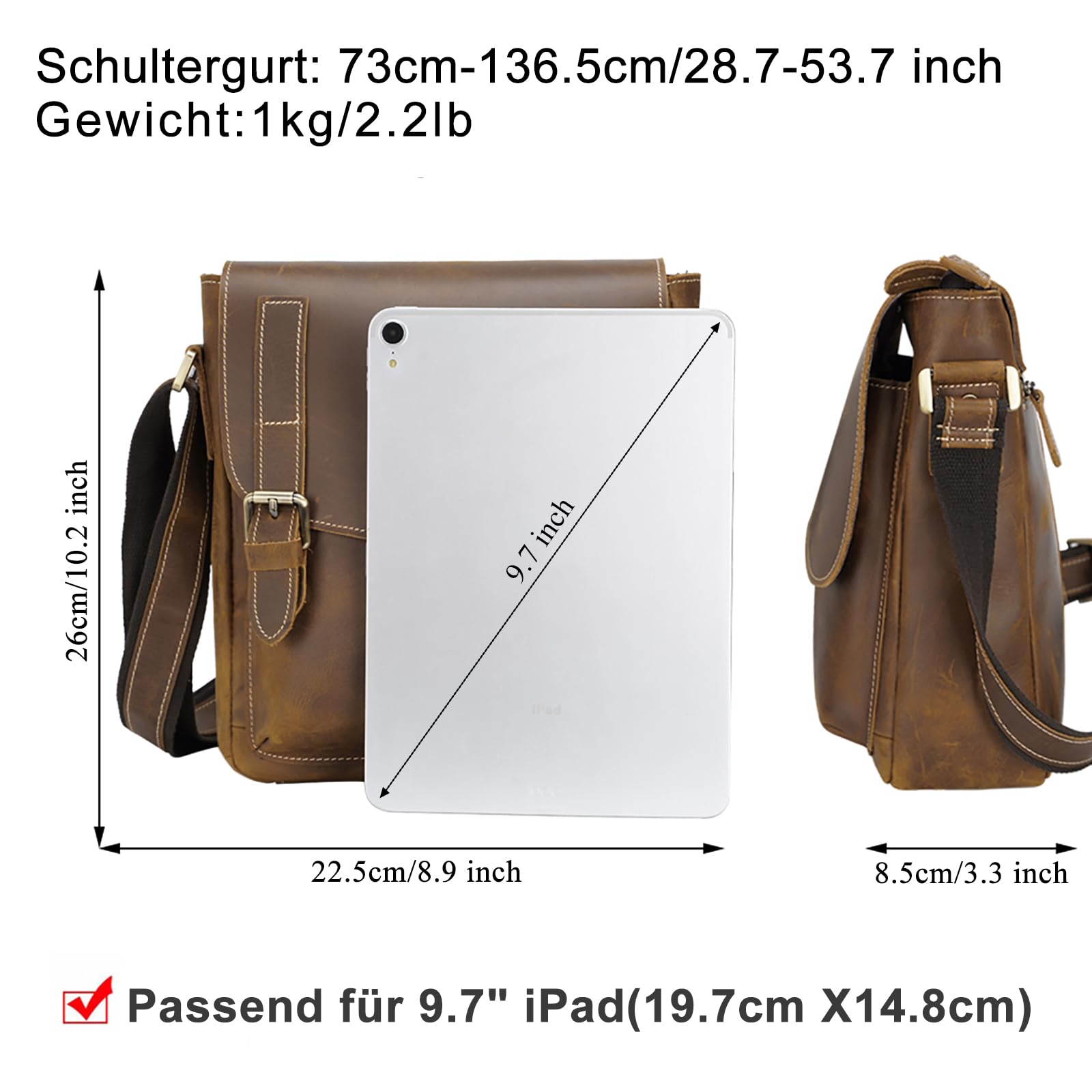 TIDING Leder Umhängetasche Herren Klein Schultertasche Vintage Herrentasche 9,7 Zoll iPad Tasche Messenger Bag aus Echtleder Tragetasche für Männer, Hellbraun
