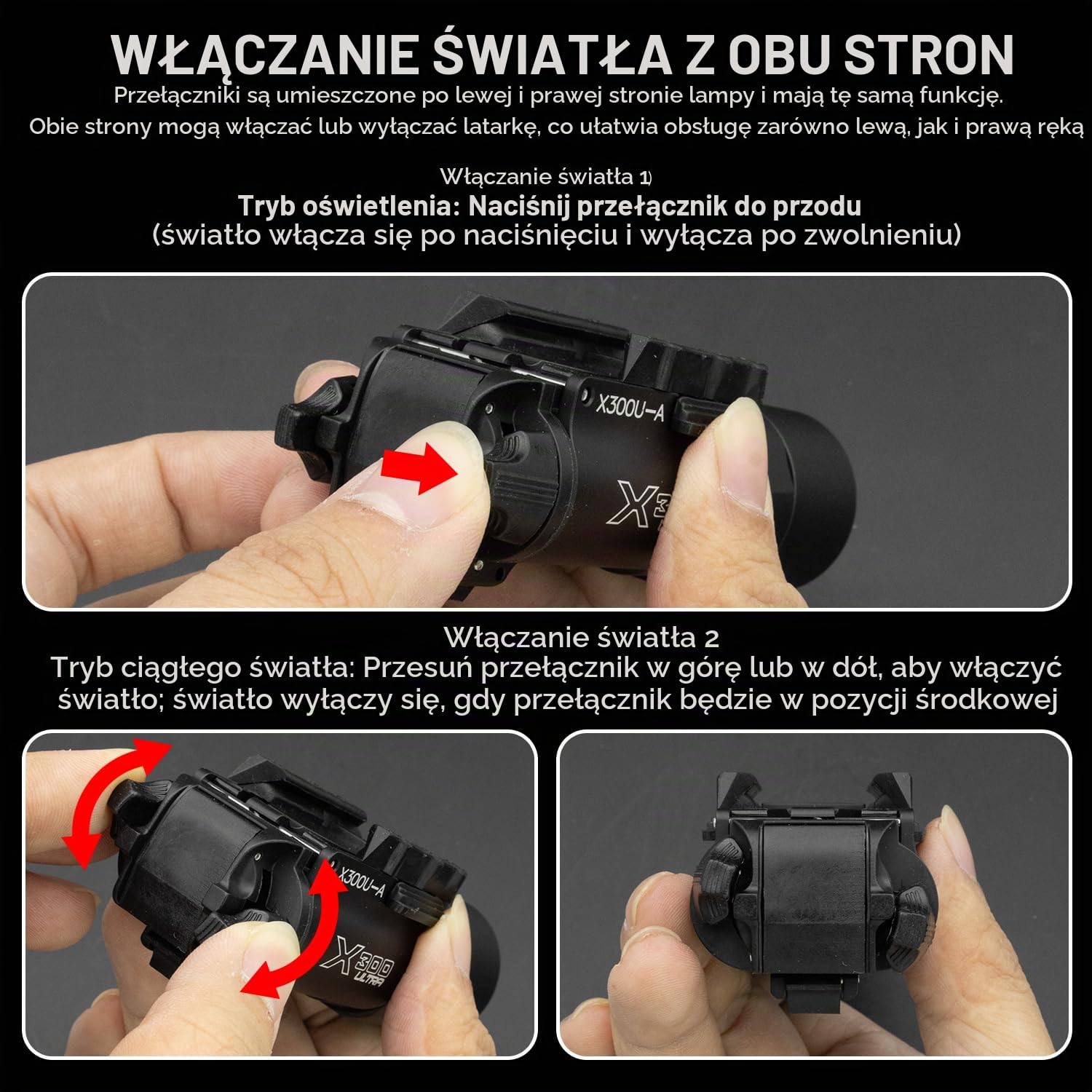 Zhongren X300 Taktyczna latarka pistoletowa, 800 lumenów, białe oświetlenie, taktyczna latarka do airsoftu, 2 tryby, światło ciągłe/chwilowe (czarna)