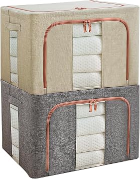 Douzi 2 Pack Large Capacity Clothes Storage Organizer, Foldable Steel Frame Storage Bins, Perfect for Comforters, Bedding, Toys, with Sturdy Zipper & Clear Window-100L