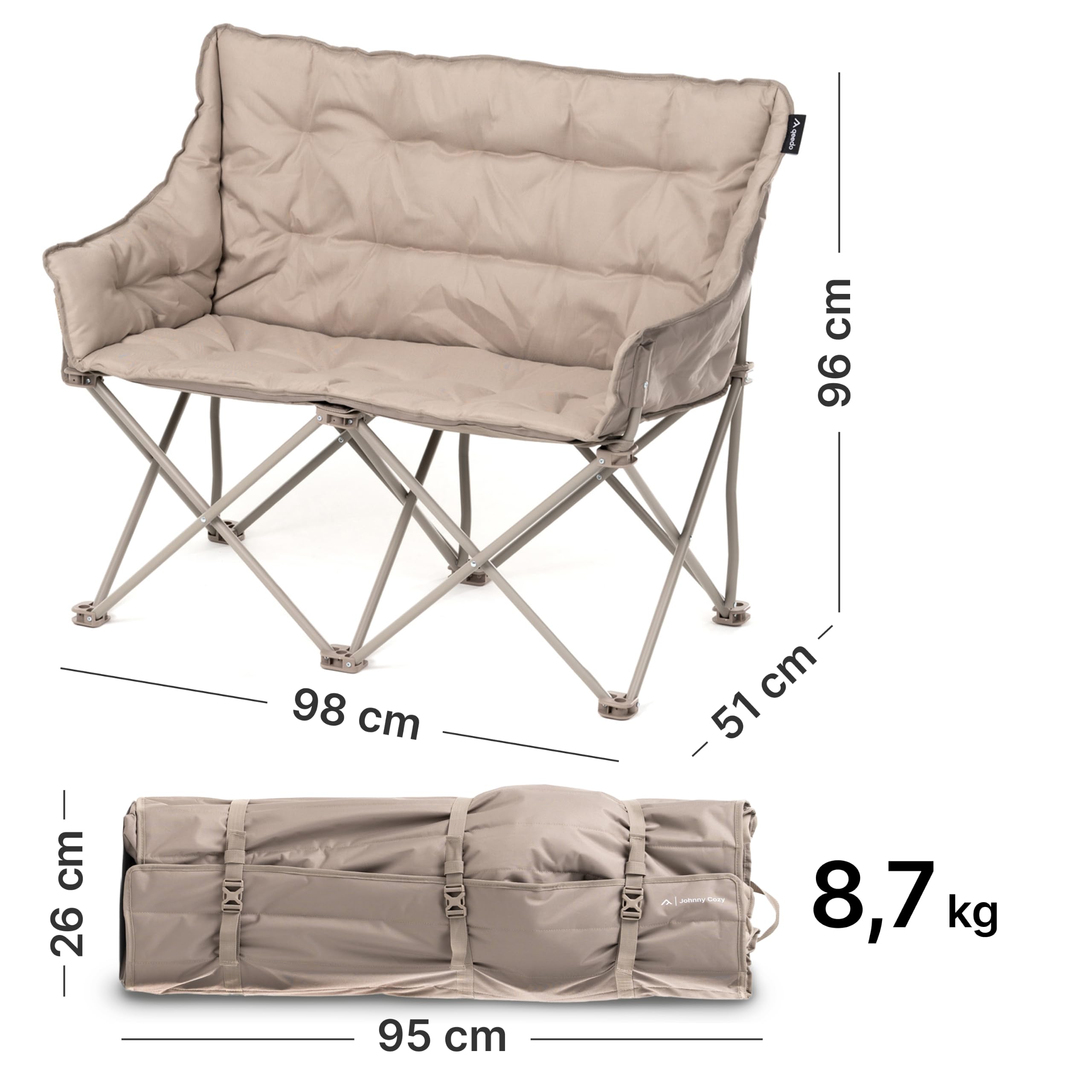 qeedo Johnny Cozy Faltbarer Campingbank gepolstert mit Cozy Bezug – Sofa-Feeling für 2 Personen – Rucksack-Packtasche – bis 300 kg belastbar
