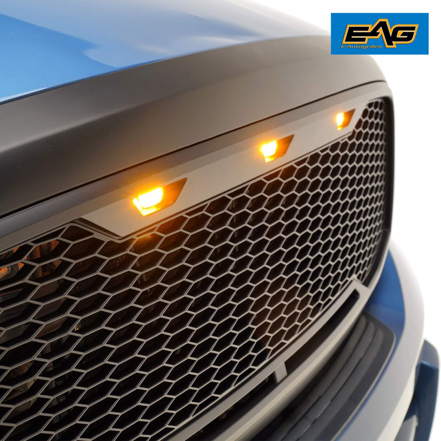 EAG Replacement Upper ABS Grille LED Grill With Amber LED Lights - Matte Black Fit for 06-08 Dodge Ram 1500/06-09 Dodge Ram 2500/3500