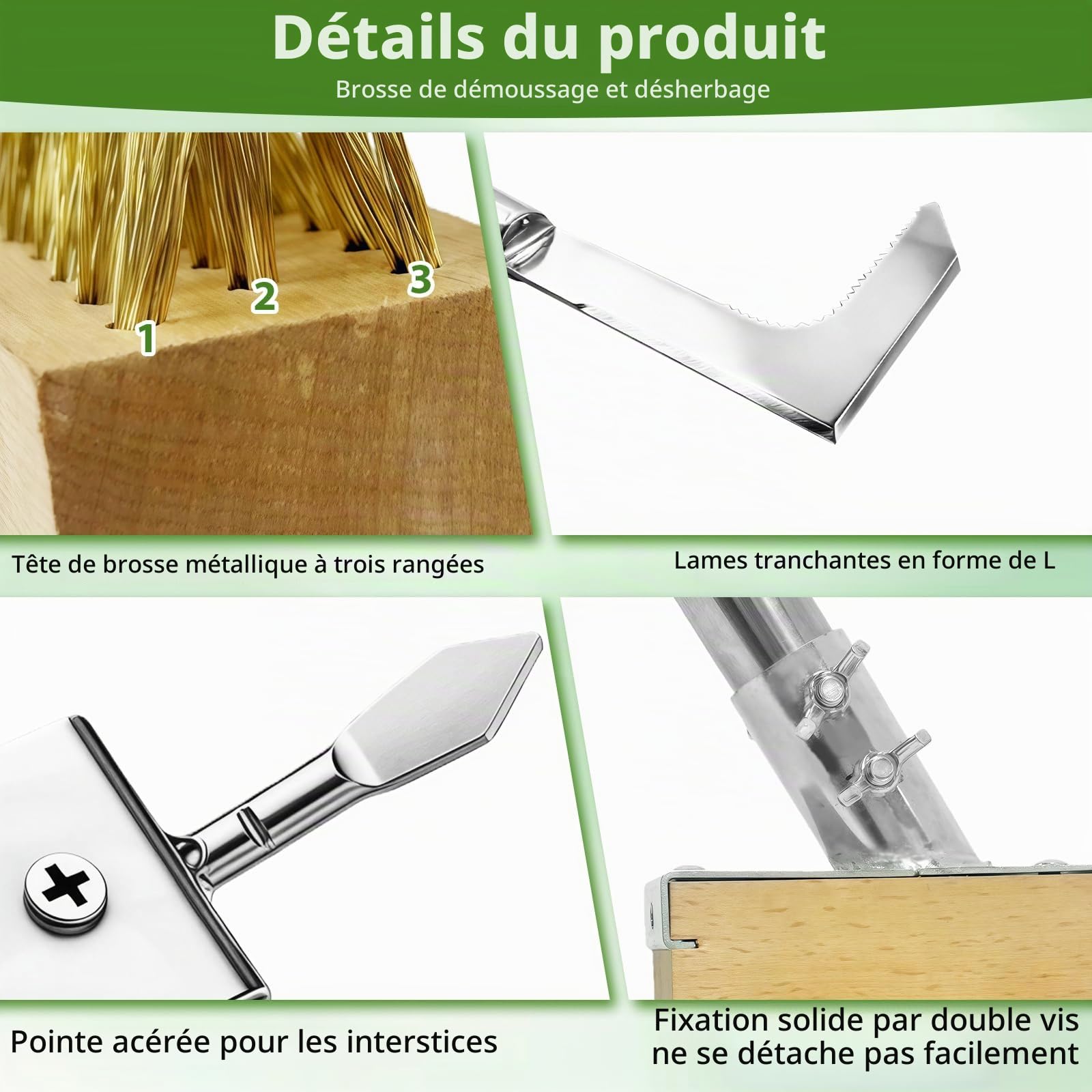 Brosse à Mauvaises Herbes et Couteau Désherbeur avec Manche Télescopique(160cm), Lot de 2 Désherbeur Manuel pour Mauvaises Herbes avec Crochet pour Éliminer la Mousse et Les Mauvaises Herbes (Argent)