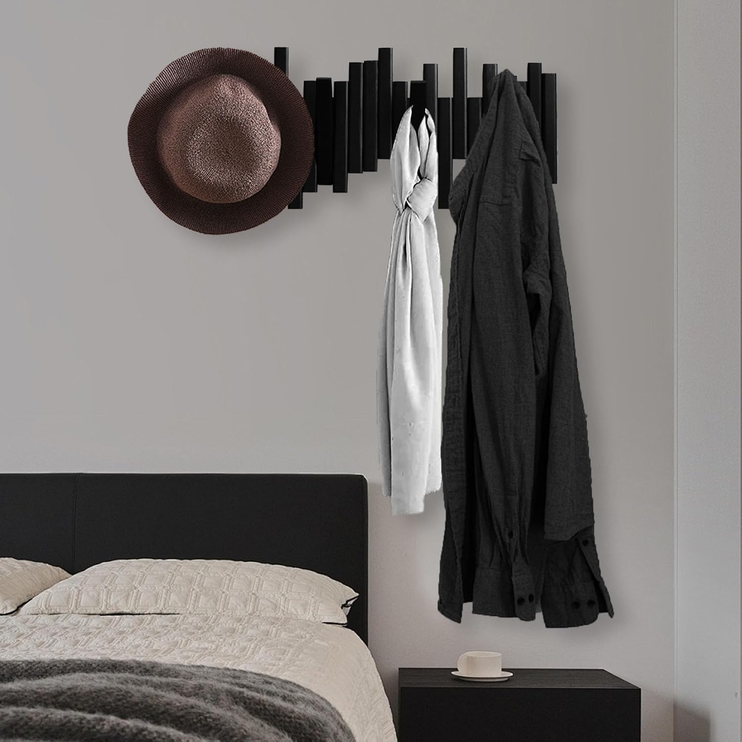 MinBoo Bamboo Multi Hook Coat Rack -Decorative Hooks for Wall Modern, Unique, Space-Saving Coat Hanger with 4 Flip-Down Hook for Hanging Coats, Christmas Decorations Wall Hooks for Hanging,Black - Image 3