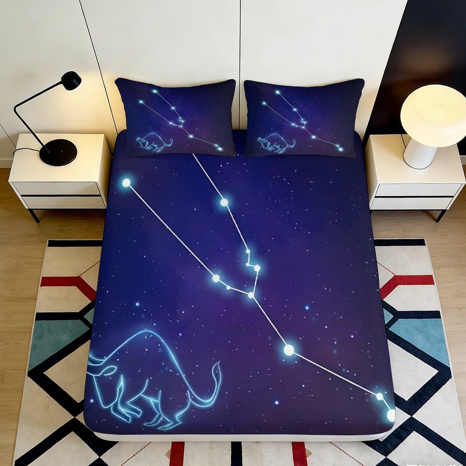 3D Printed Galaxy Starry Sky Fitted Sheet Microfiber Anti-Slip Taurus Constellation Mattress Cover Bedroom Decor 200x200x25cm