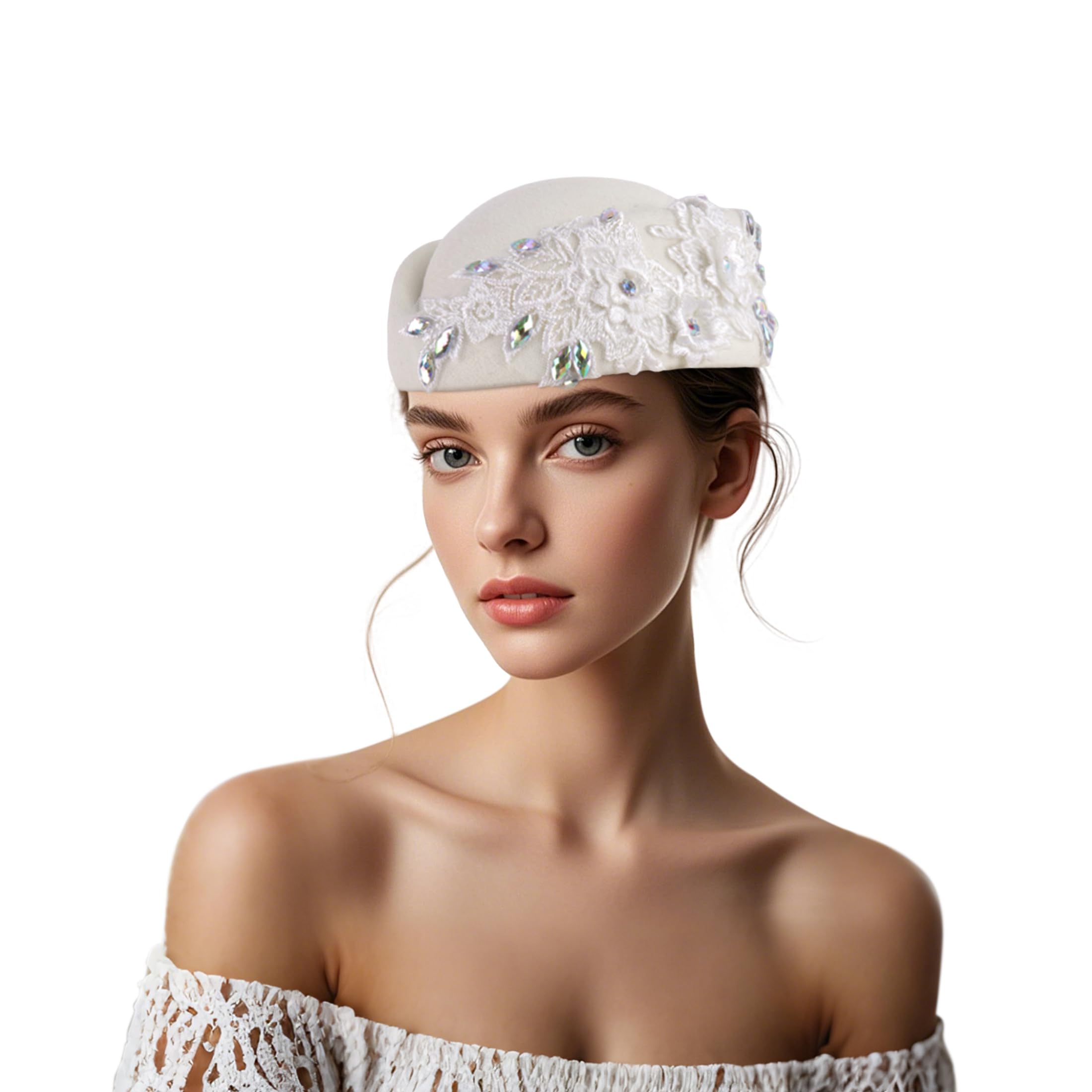 European and American retro British felt headscarf hat women's church derby headdress with floral women's soft beret (White) - Image 2
