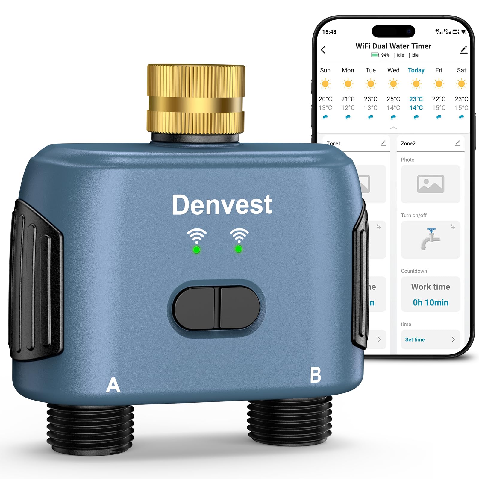 Timer wody WiFi do węża ogrodowego z mosiężnym wlotem, inteligentny timer węża z koncentratorem WiFi, aplikacją i sterowaniem głosowym, do 20 planów nawadniania, 2-strefowy kontroler systemu