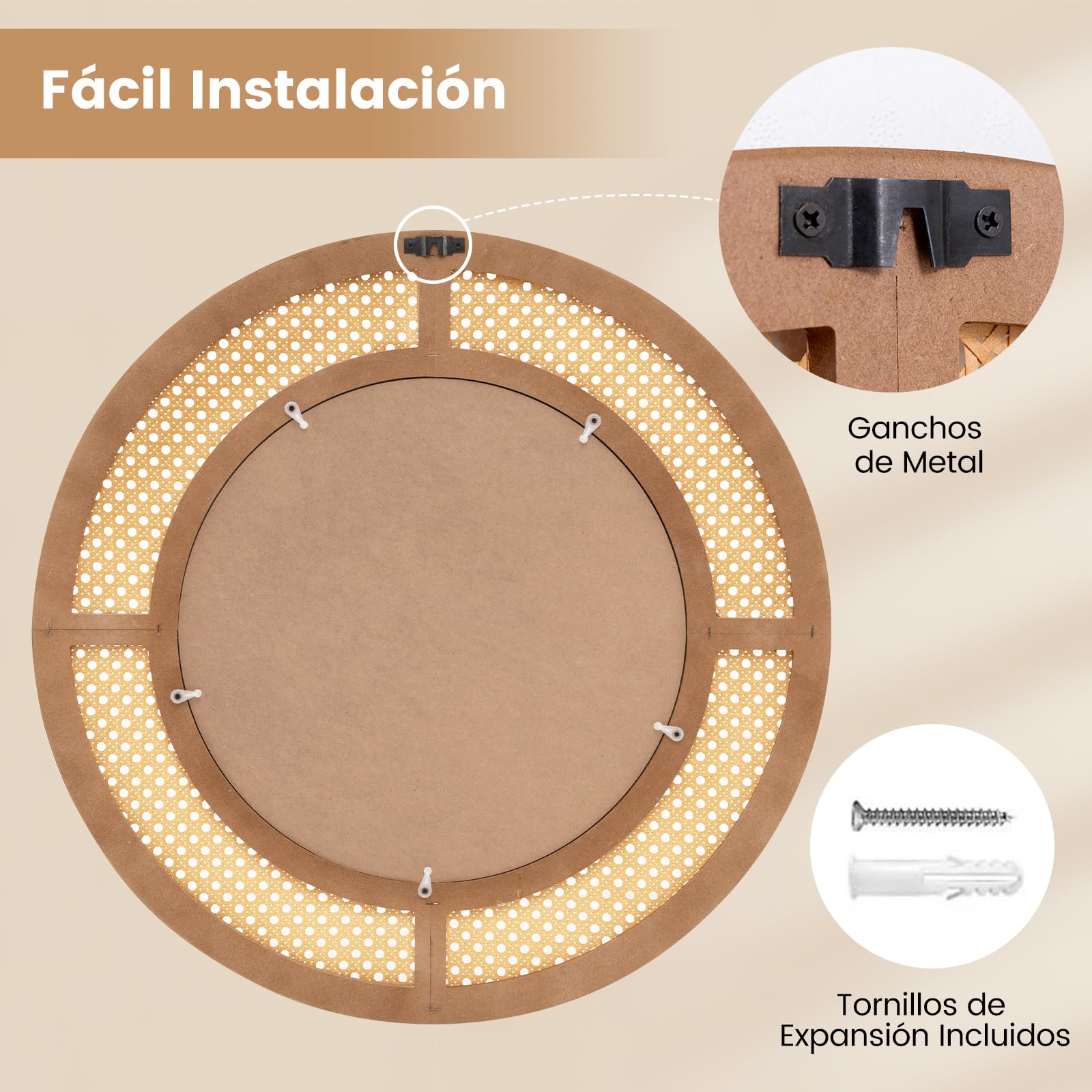 COSTWAY Espejo de Pared de Ratán, Espejo Decorativo Redondo con Marco de Madera, Espejo Colgante Estilo Granja para Baño, Sala de Estar, Dormitorio, Pasillo, 65 x 65 cm (Redondo)