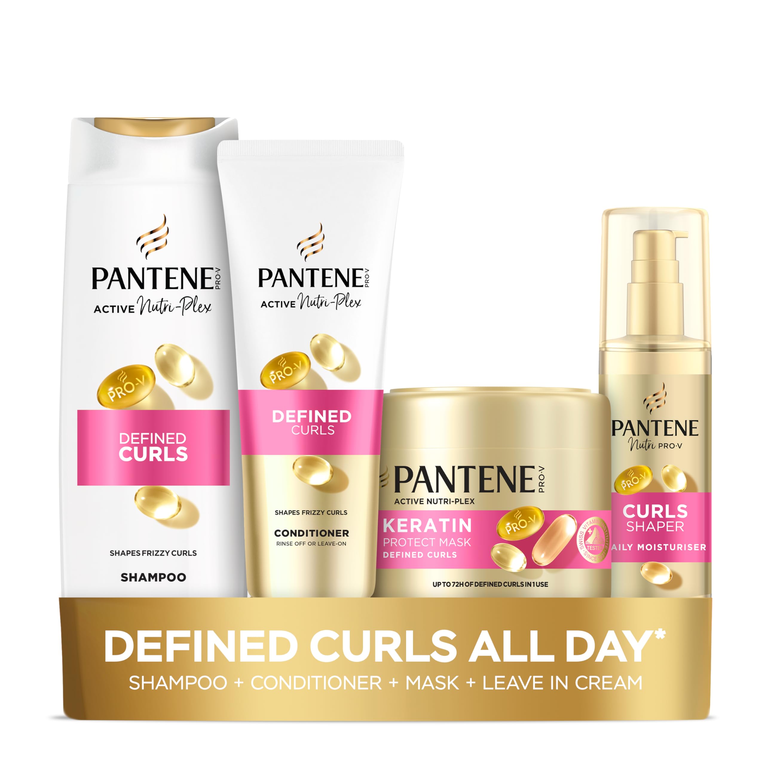 Pantene Pro-V Defined Curls Bundle: Shampoo 500ml, Conditioner 350ml, Keratin Protect Hair Mask 300ml and Curl Shaper Leave-In Cream 145ml for Frizzy, Unruly Curls