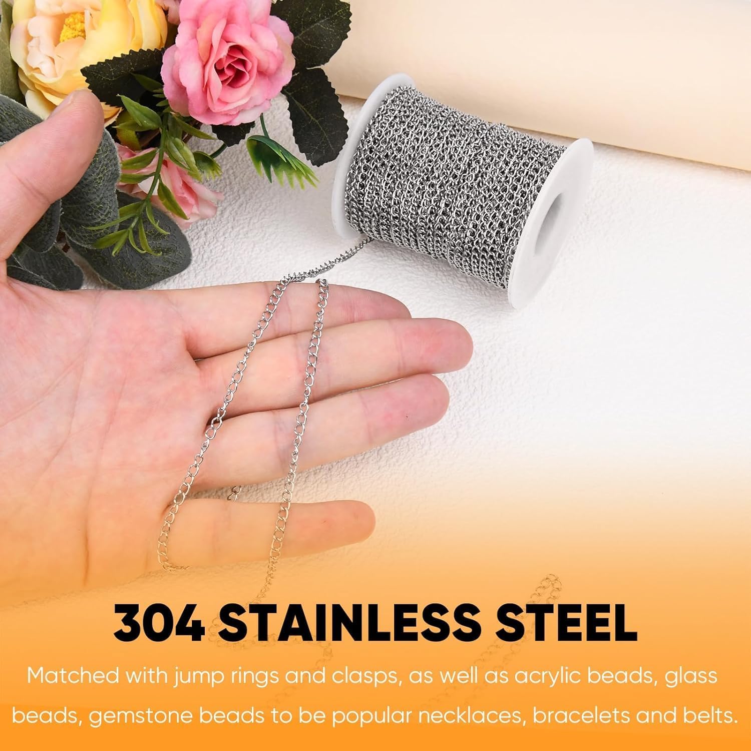 82Feet/25M Stainless Steel Curb Chain,3mm Soldered 304 Stainless Steel Curb Chains for Jewelry Making DIY Craft