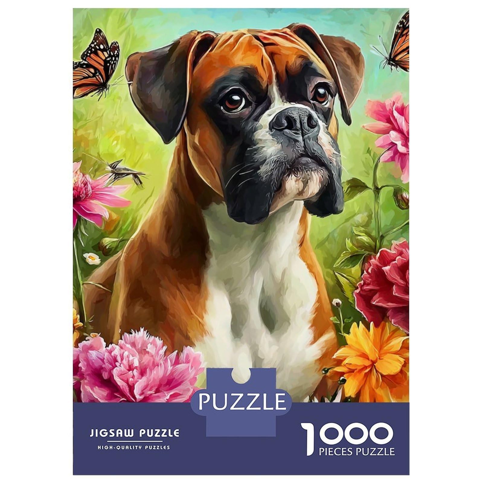 Puppy Premium Cardboard 1000 Piece Boxer Dog in Flowers Puzzle Set, Educational Challenge Adults/Teens, Birthday Gift & Home Activity, Vibrant Colours for Enthusiasts 52x38cm/1000pcs