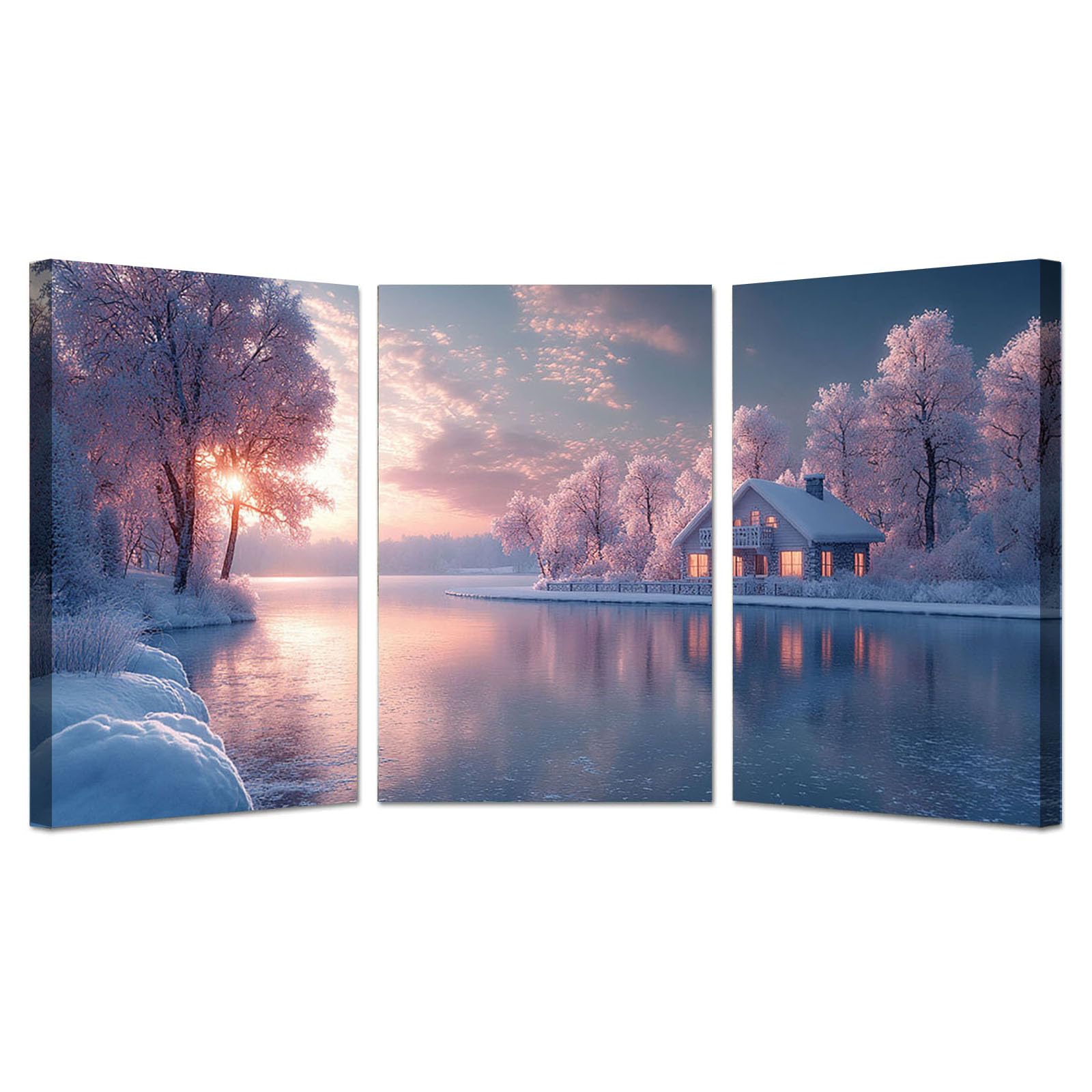 WIKEO Lot de 3 posters Arbre de vie Impression sur Toile Arbre d’hiver au bord du lac Affiche- Moderne Abstrait Image Tableau -Decoration Murale Salon -Chambre -bureau(Rose)-40x60cmx3 Encadrée