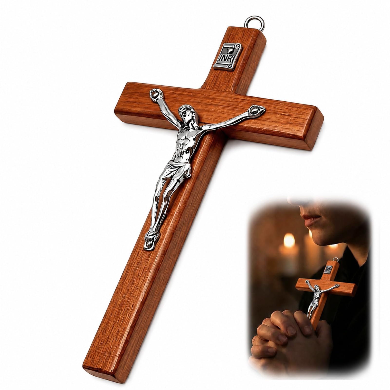 NYVOR Drewniany krzyż Jezus, 7 x 12,5 cm, z otworem do zawieszenia na ścianie, wzór reliefowy, krzyż Jezus, drewniany, prezent dla osób zainteresowanych religijnością, krzyż chrześcijański, dekoracja
