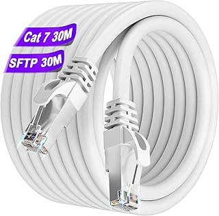 Cat 7 Ethernet Cable High Speed 30m 10Gbps Internet Cable 600MHz Wifi Cable S/FTP Shielded Network Cable 24AWG Patch Cable White RJ45 LAN Cable Outdoor Wlan Cable 98ft for PS5/4 Router Modem