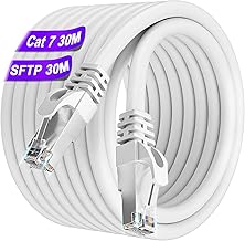 Ethernet Cable 30 m, Cat 7 Cable Lan Shielded High Speed 10Gbps 600MHz S/FTP Cable RJ45 White Gigabit Outdoor Waterproof Network Cable Internet Cable for Router Modem