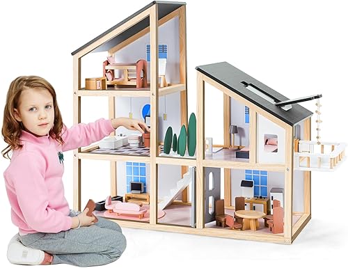 Miniatura 9 de Casa de muñecas grande de madera para niños a partir de 3 años, kit de casa de muñecas familiar moderna y resistente con diseño de muebles realista,