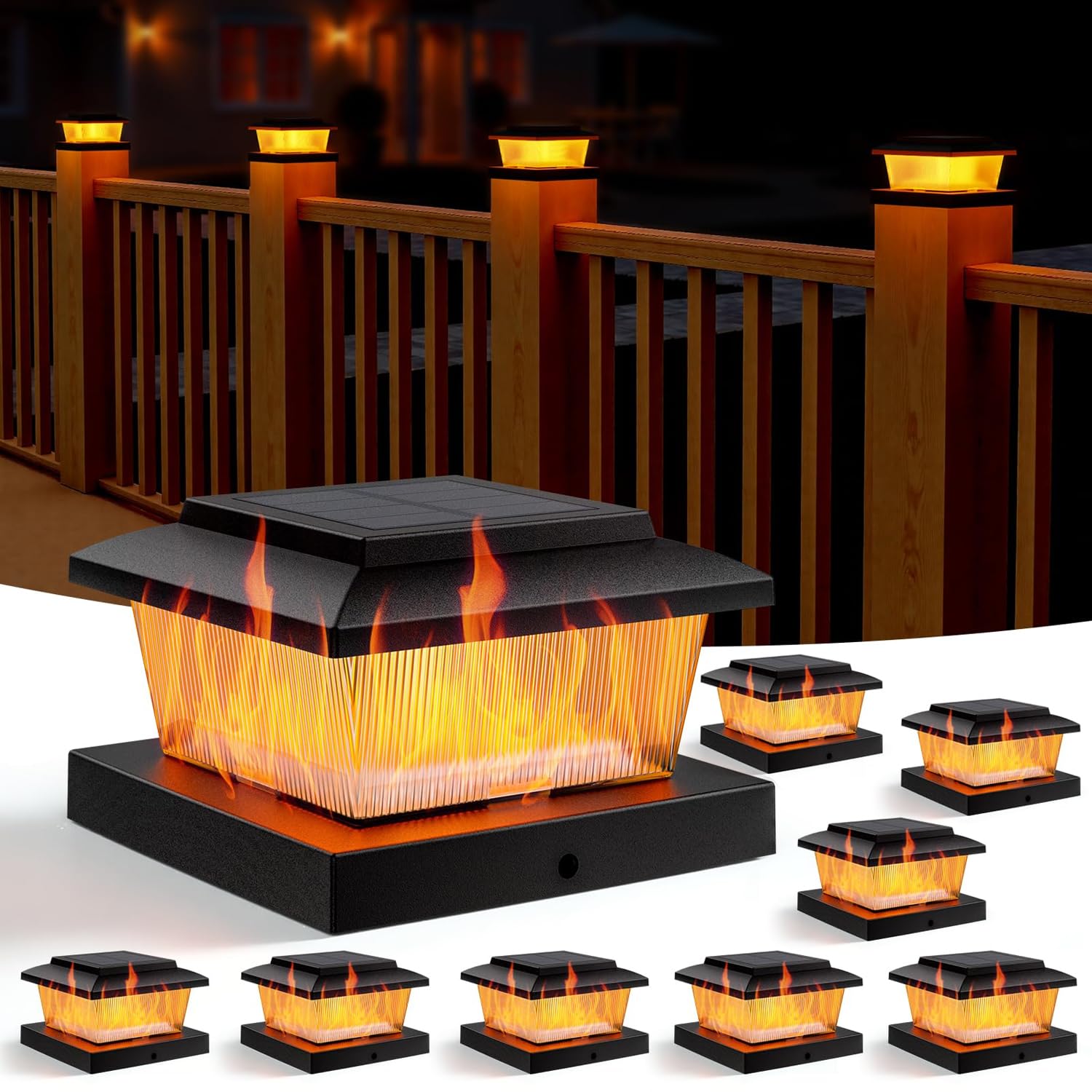 Gresonic Solar Pfostenkappe 10x10 Flackernde Flamme Warmweiß IP65 Wasserdicht 8 Stück