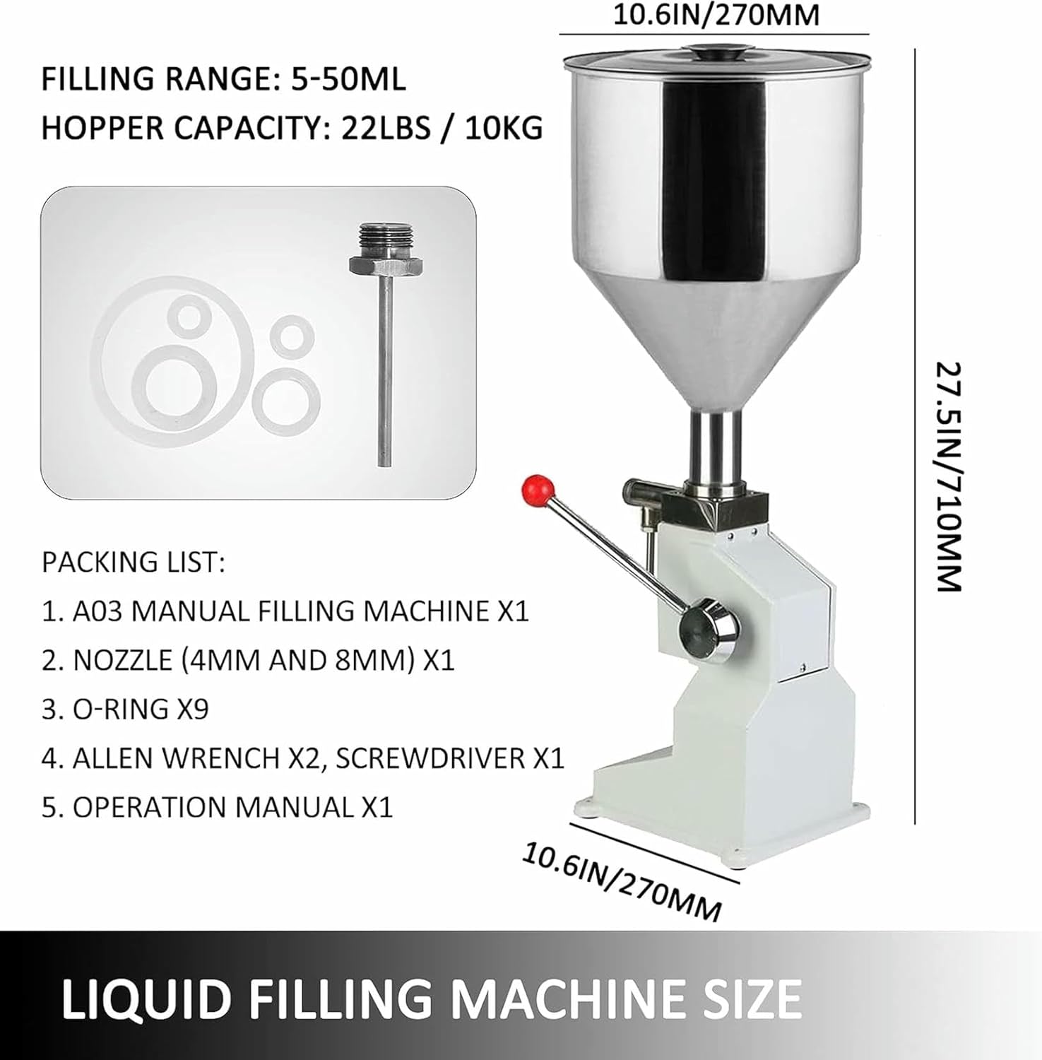 Manual Liquid Filling Machine A03 from 5 to 50 Ml: Stainless Steel Bottles Filling for Cosmetic Oils, Lip Glitters, Creams, Shampoos and Honey ~/