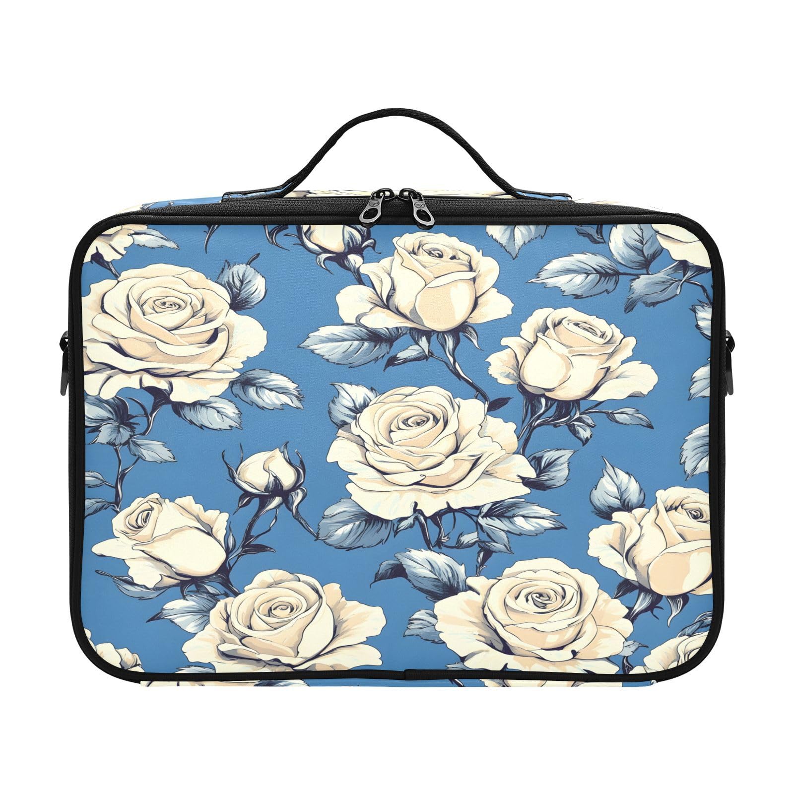 Travel Makeup Train Case Yellow Flower Blue Leaves Pattern Cosmetic Organizer Portable Storage Bag with Adjustable Dividers for Cosmetics Brushes Toiletry Jewelry Digital Accessories