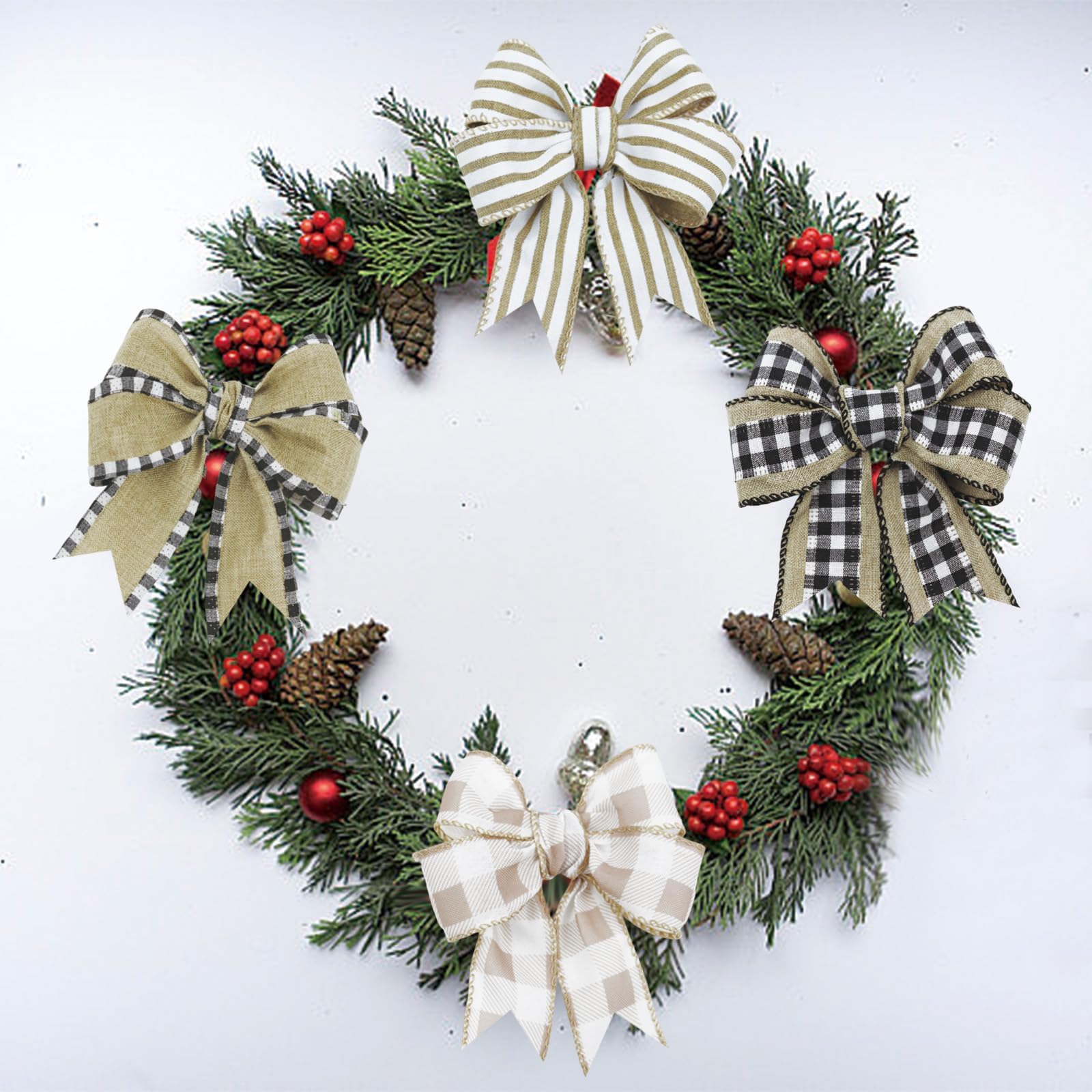 4 Rollen Winter Sackleinen kariert Band Draht Bordüre Weihnachten Urlaub DIY Geschenk Schmetterling Blumen Handwerk Dekor 3,8 cm breit 13,2 m (Natur)