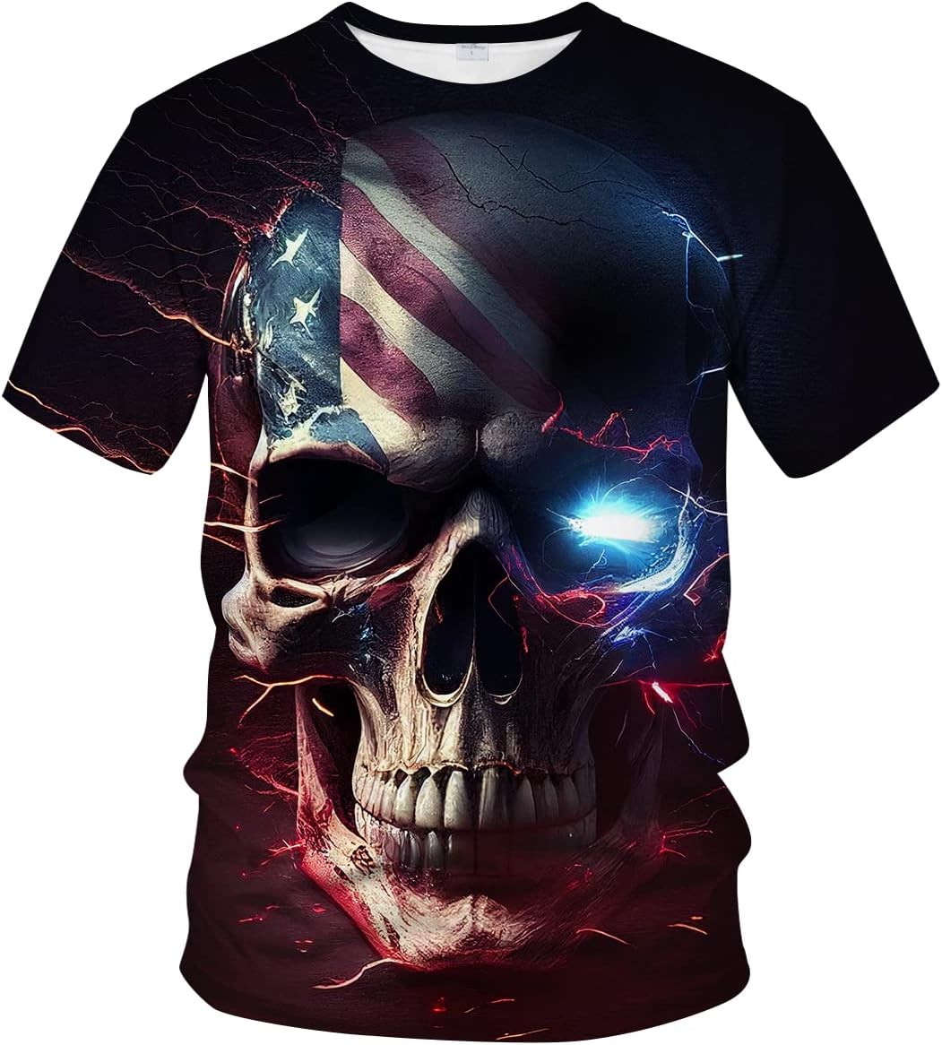 LAOLIUSN Men's Lightning Skull T-Shirt Patriotic Theme Tee American Flag Graphic Top - Image 3