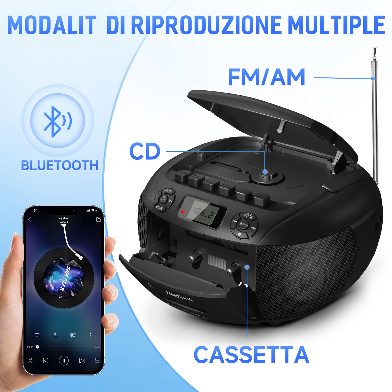 Lettore CD Radio Portatile, CD Player FM/AM con Jack per Cuffie, Stereo Cassa Bluetooth, lettore CD a Cassette con Ingresso Audio USB/AUX, Display LCD per Casa, Regalo (Nero)
