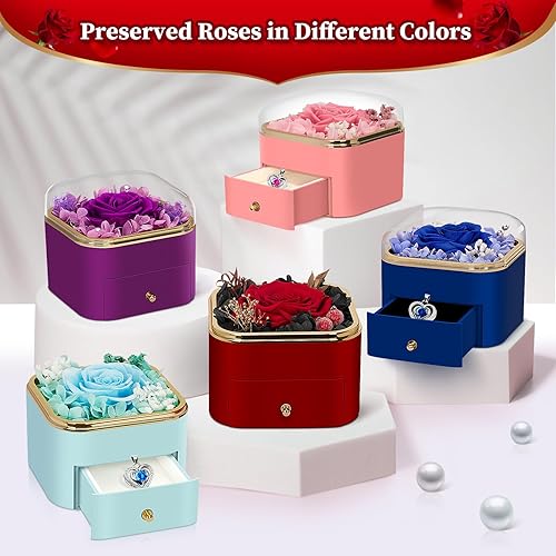 Miniatura 7 de Regalos de San Valentín para mujeres, flores preservadas, regalo para mamá, esposa, novia, joyero con luz LED con collar, rosa para siempre,