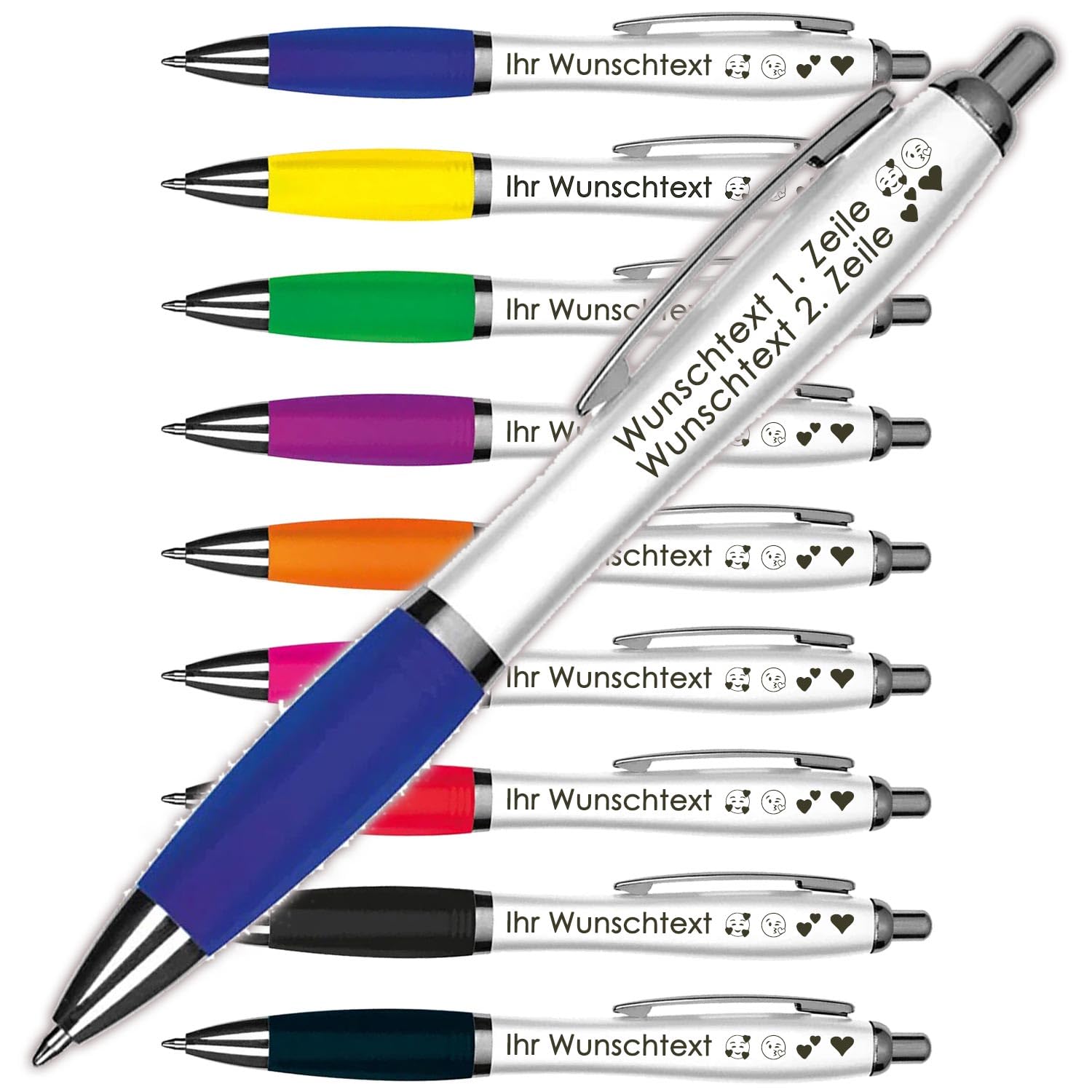 Juwelier Schönschmied Kugelschreiber mit Wunschgravur | Weißer Schaft & Metallclip | Blaue Großraummine | Farbige Gummimanschette | 2 Zeilen Gravur möglich | Werbegeschenk | 9 Farben (Blau, 50)
