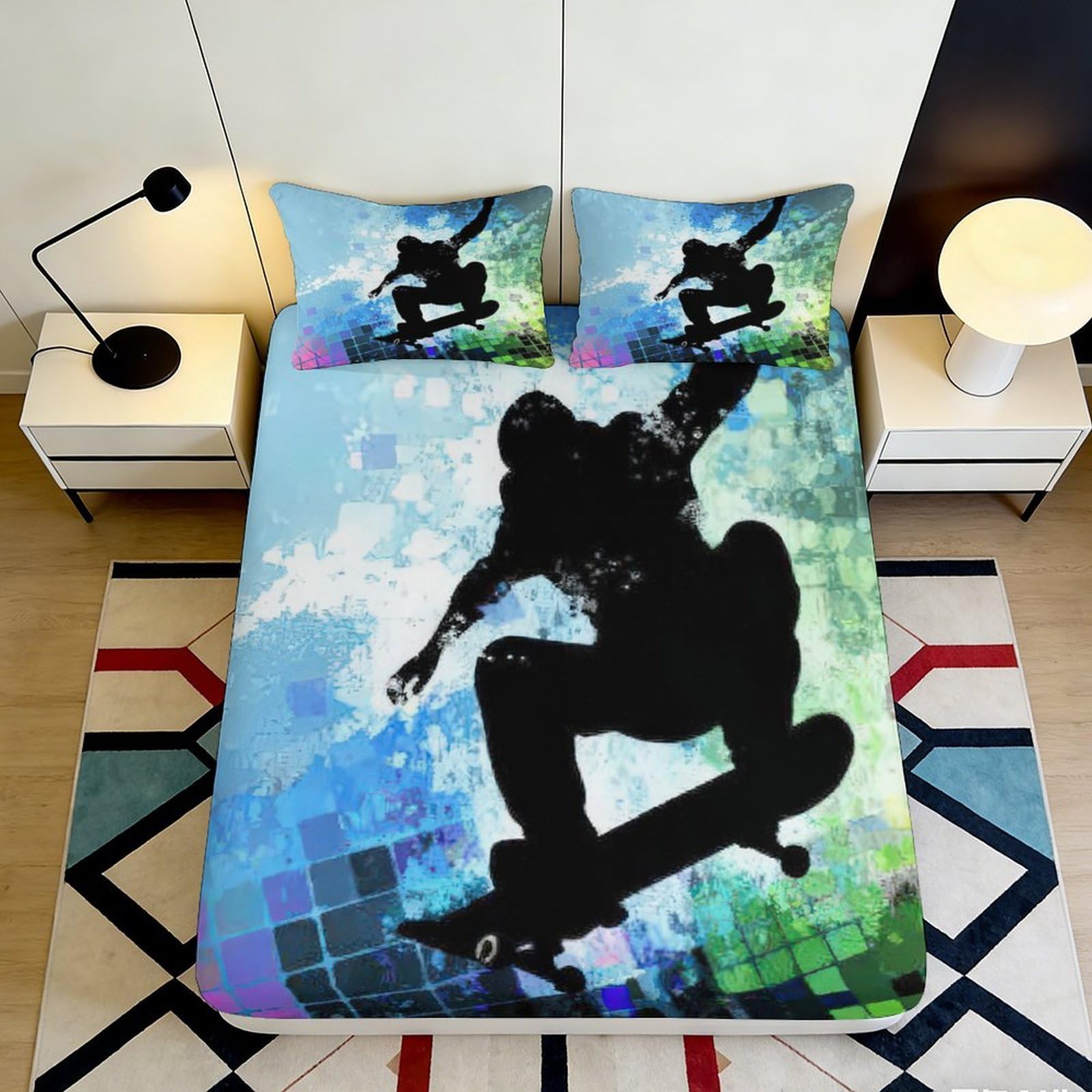 3D Printed Skateboard Silhouette Fitted Sheet Microfiber Blue Graffiti Mattress Cover for Bedroom Dorm Decor 90x200x25cm