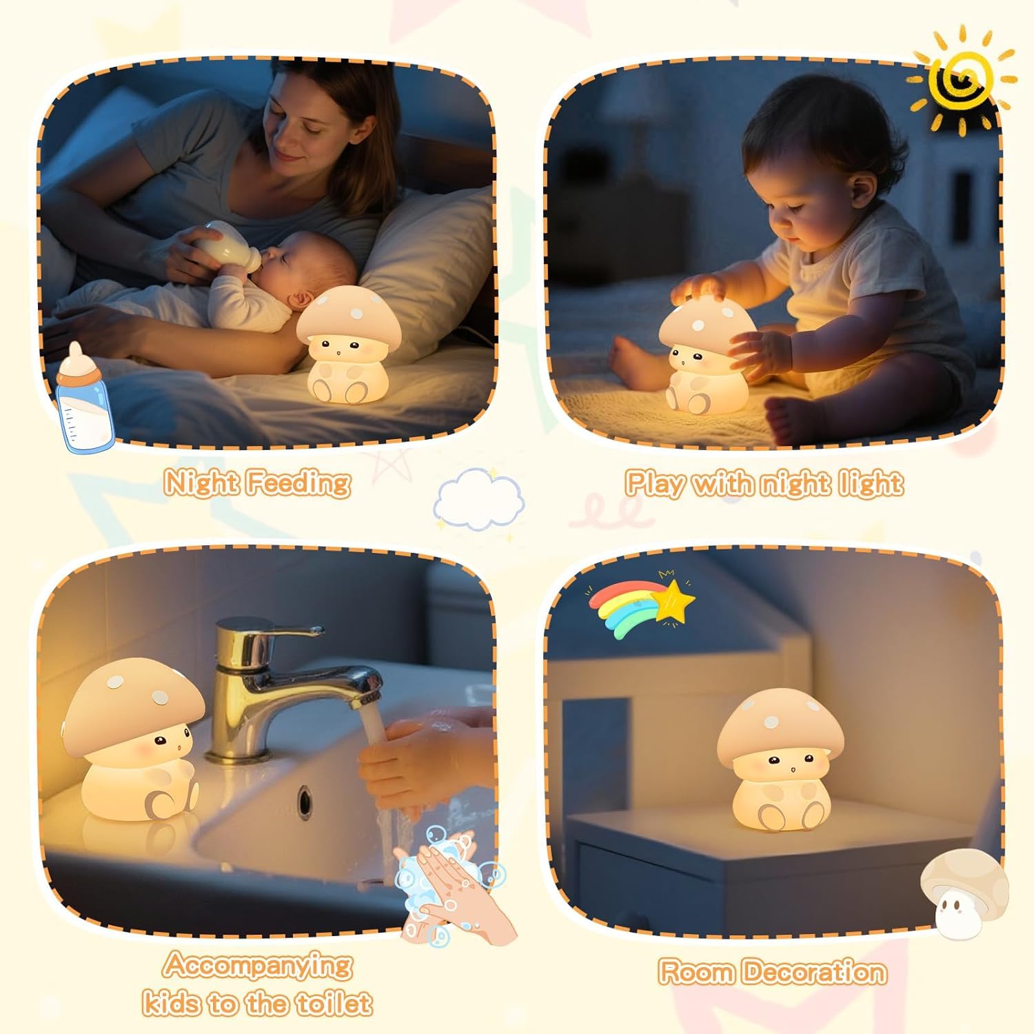 OOWOKS Lampada da notte a forma di fungo in silicone per bambini luminosità regolabile bianco caldo e modalità a 7 colori lampada da comodino per neonati lampada LED dimmerabile per bambini