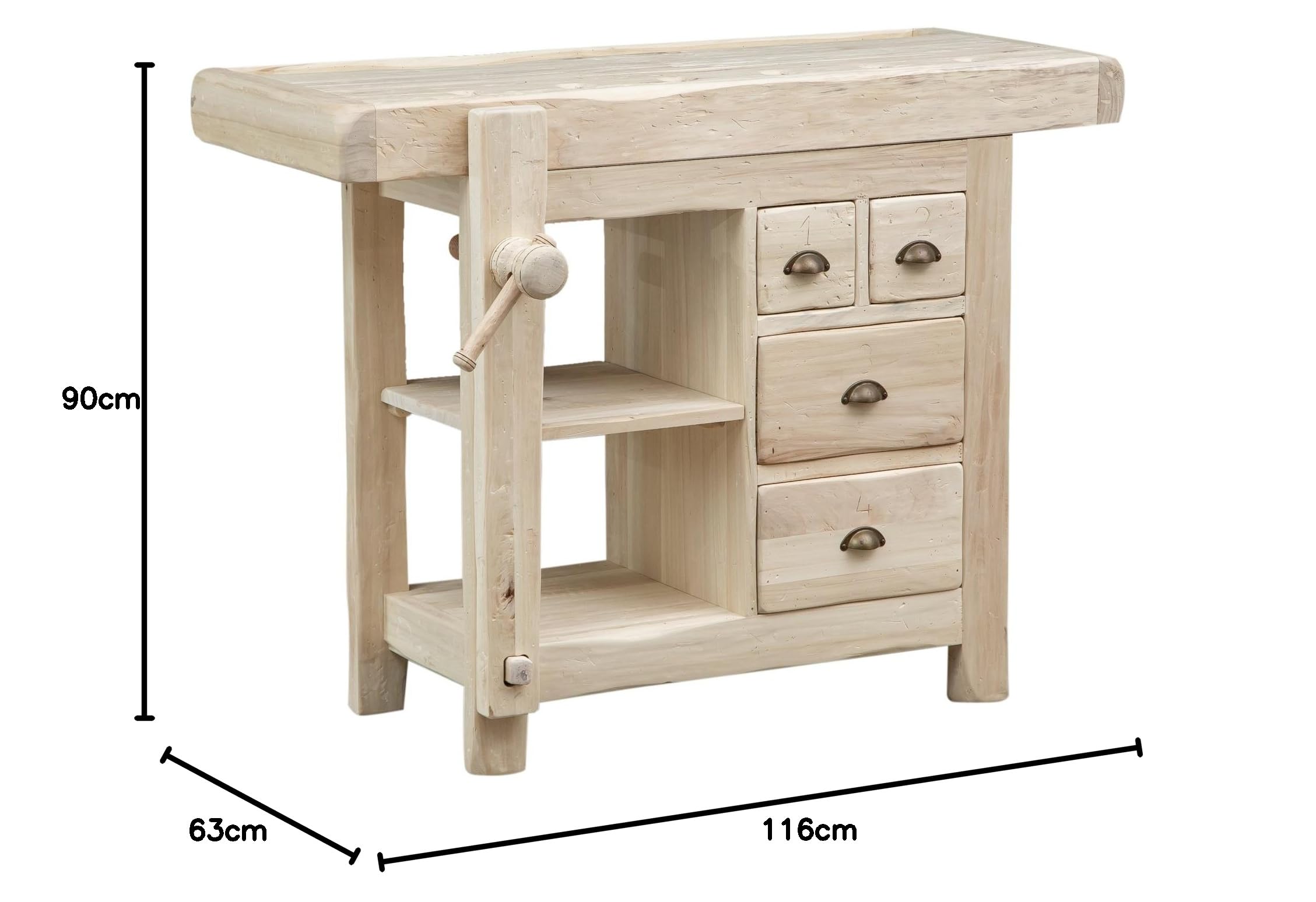 Biscottini Banco Tavolo da lavoro Country in legno massello di tiglio finitura grezza L 116 x PR 63 x H 90 cm Made in Italy, fedele riproduzione di un antico ed originale Banco da Falegname
