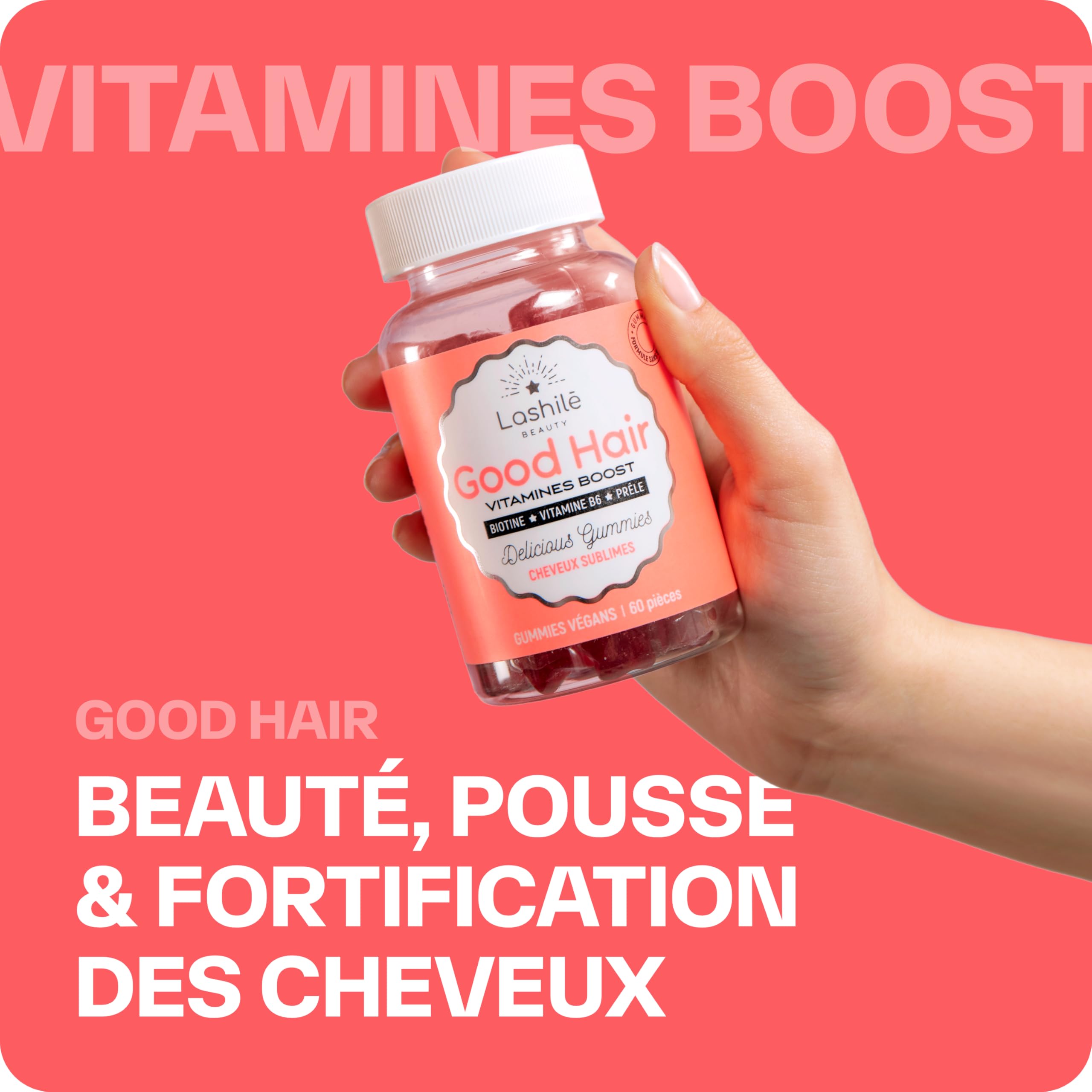 Lashilé Beauty Good Hair – Gummies Cheveux Pousse & Croissance – Complément Alimentaire Cheveux Fortifiants – Biotine, Zinc, Prêle – Vegan, Sans Sucres – Made in France – Cure 1 Mois, 60 Gummies