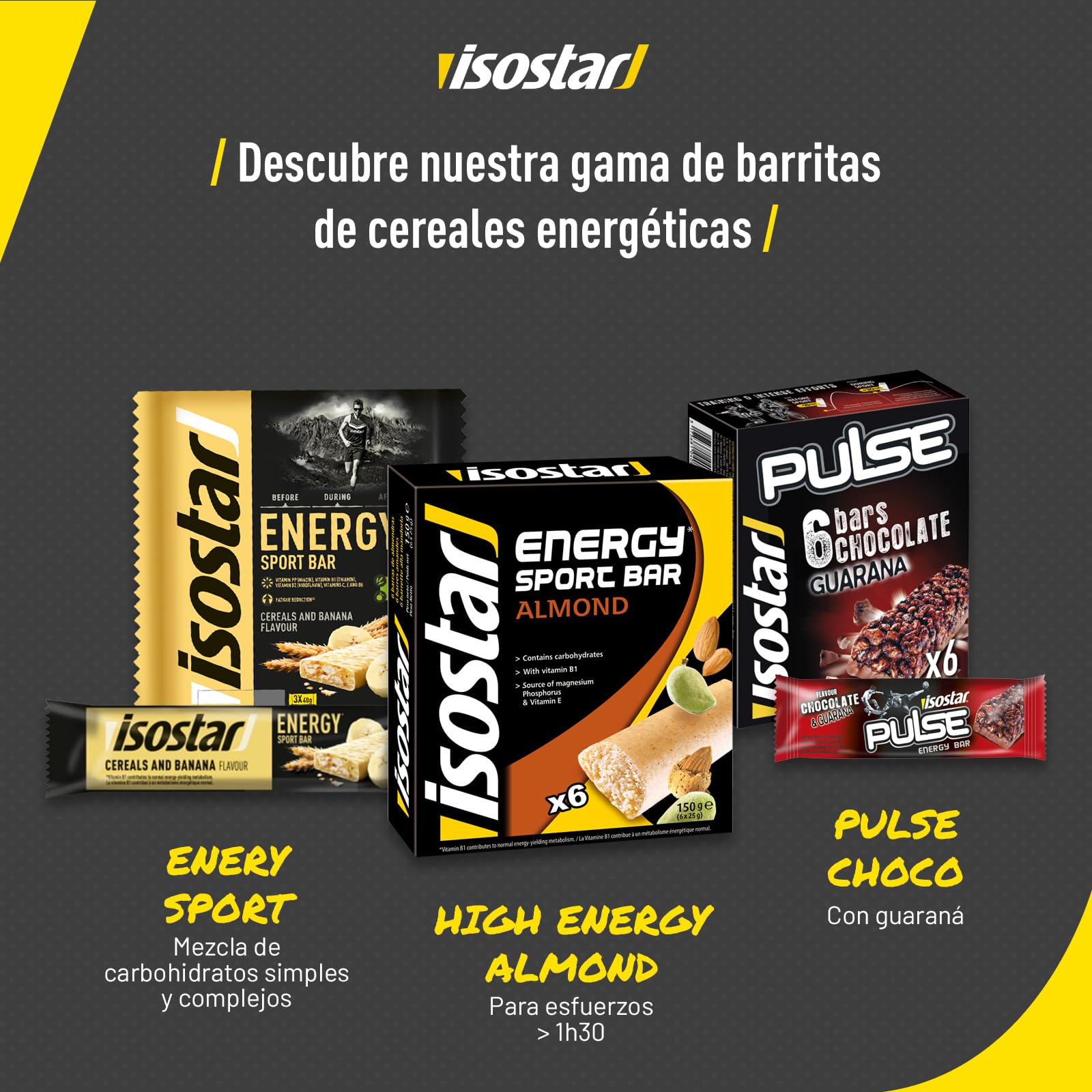 Isostar, Barritas Energy Sport con Niacina, Vitaminas B1, B2, C, E y B6. Ayudan a mantener el metabolismo energético normal y a reducir la fatiga. Sabor Banana, 3x40gr