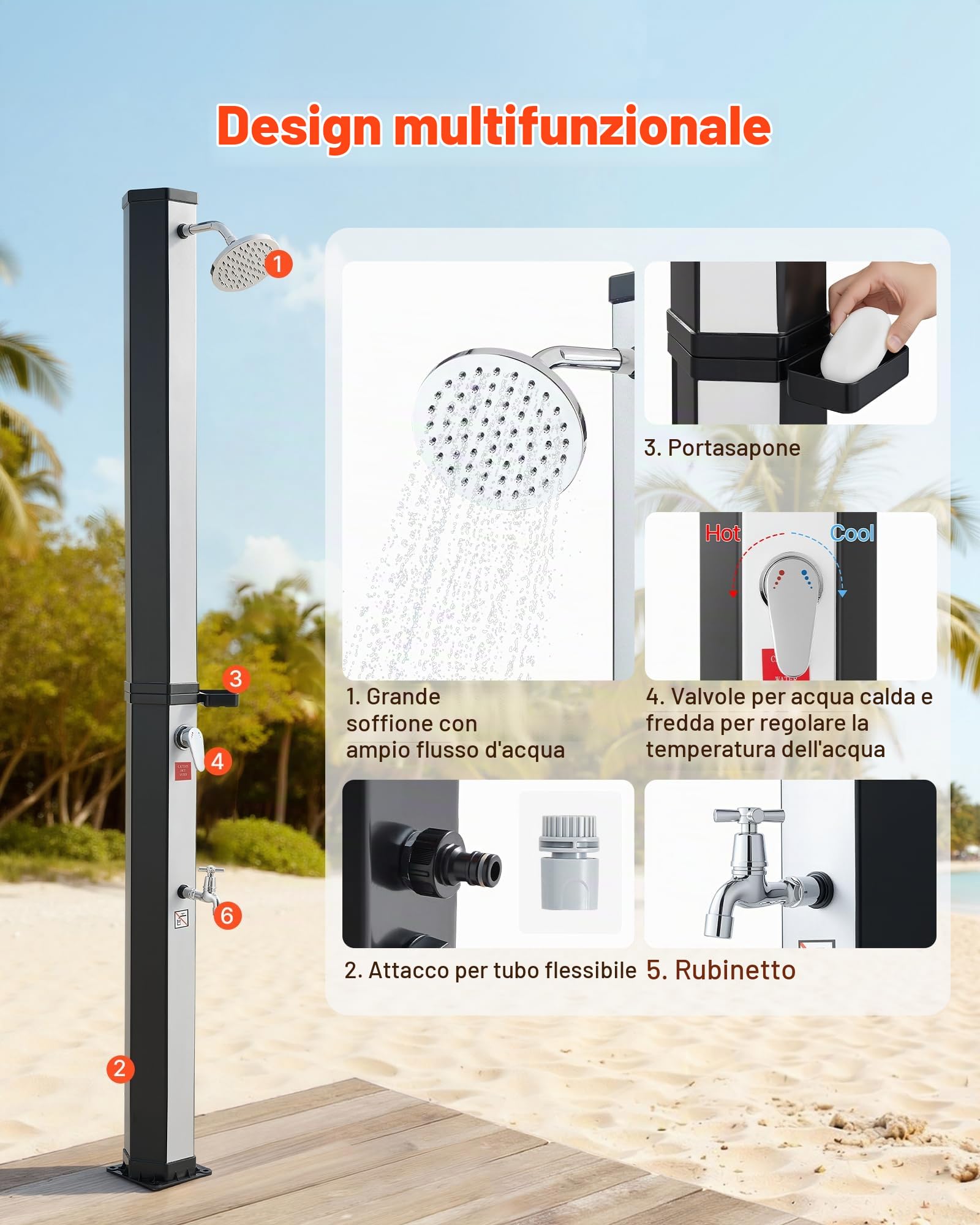 VEVOR Doccia Solare da Giardino 35 L, Doccia Esterna Solare con Soffione Regolabile, Tappetino Antiscivolo, Rubinetto con Acqua Calda e Fredda, Altezza 195 cm per Piscina Spiaggia, Nero e Argento