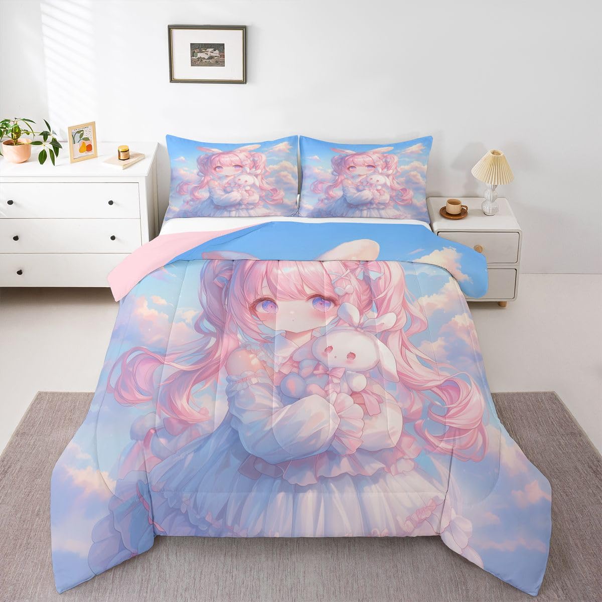 Erosebridal Kawaii Girl Bedding Full,3D Anime Gifts Comforter Set Japanese Girl with Curly Hair Bed Sets Romance Style Duvet Insert 3 Pieces