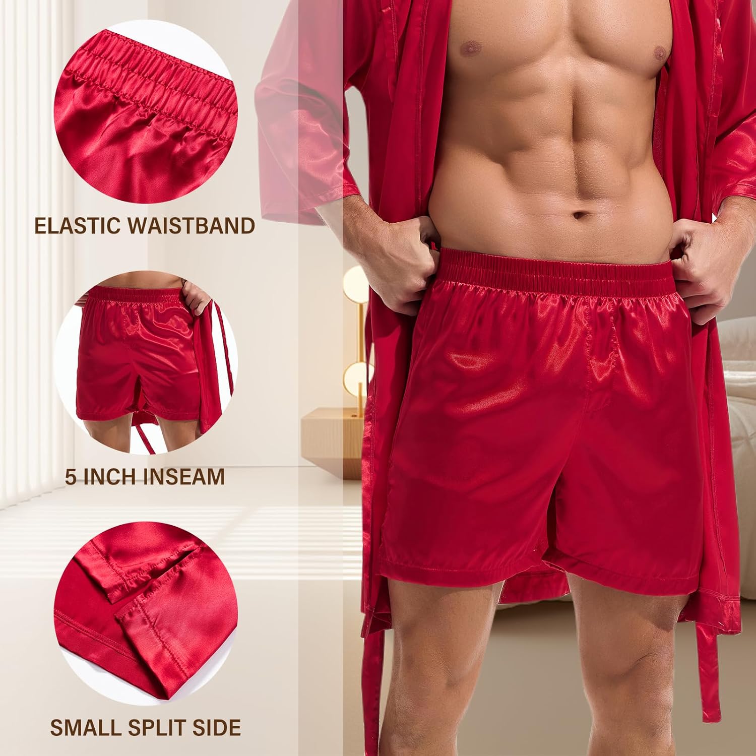 AMY COULEE Mens Silk Robe with Shorts 2 Pcs Satin Boxers Hooded Bathrobe Sexy Pajama Set Half sleeve Sleepwear
