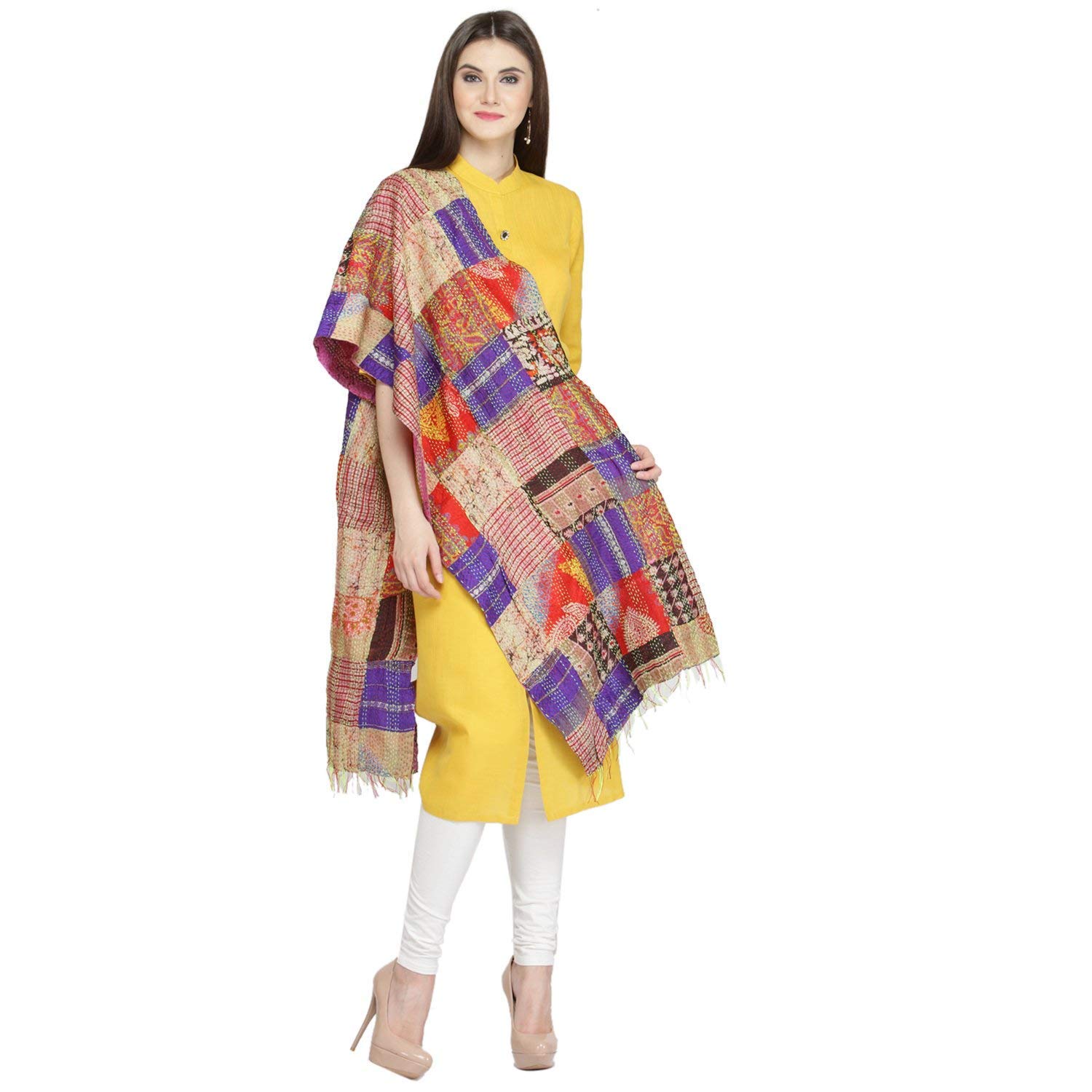 tant ghar Women's Silk Patch Work Stole with Kantha Embroidery (SUJNI-, Multicolour, 18x84-inch)