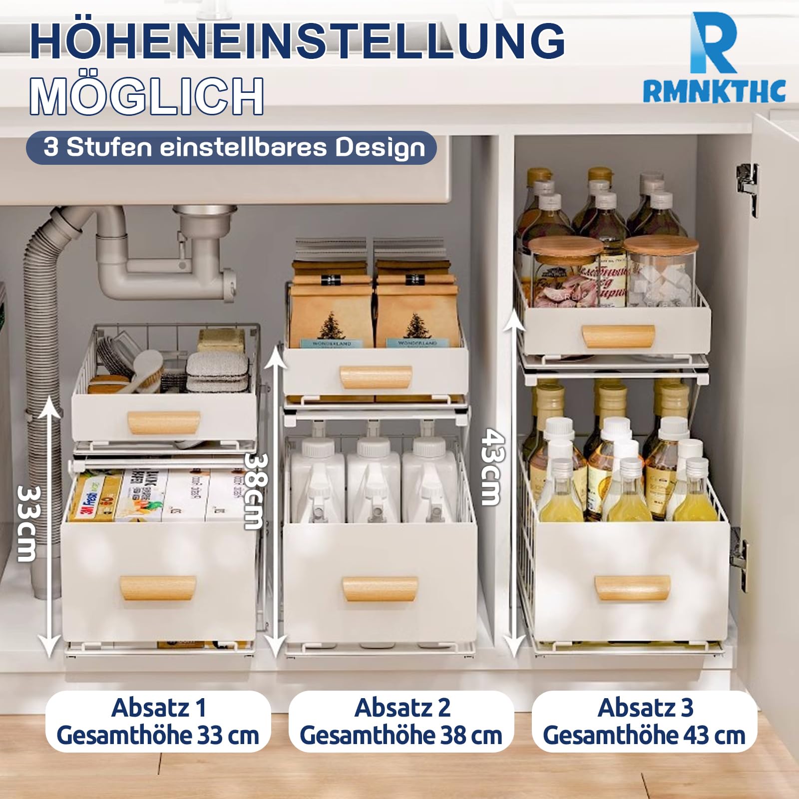 Gewürzregal aus Kohlenstoffstahl, 2 Etagen Unterschrank Organizer
