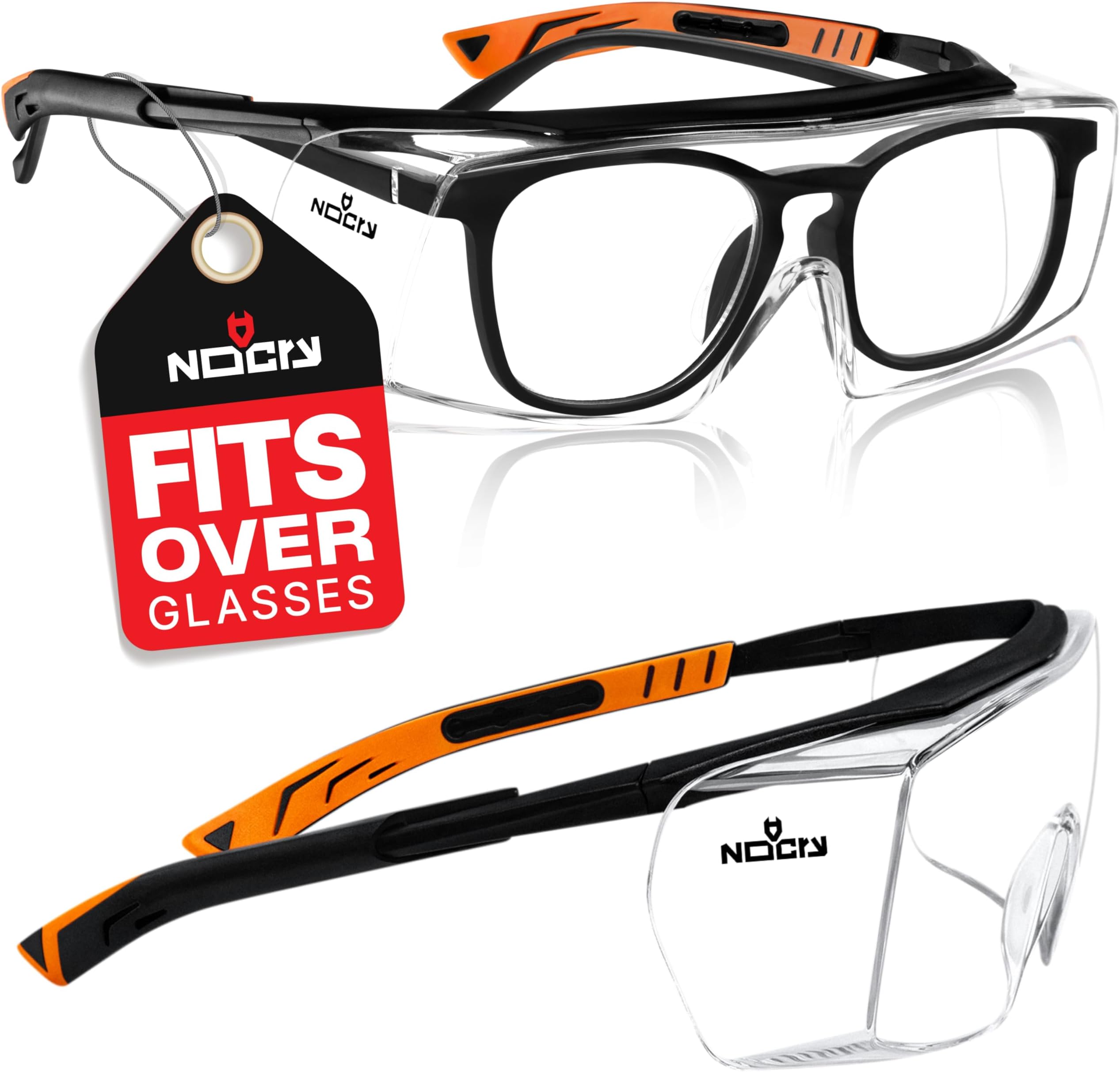 NoCry Over-Glasses Safety Glasses - with Clear Anti-Scratch Wraparound Lenses, Adjustable Arms, Side Shields, UV400 Protection, ANSI Z87 & OSHA Certified, Black and Orange Frames
