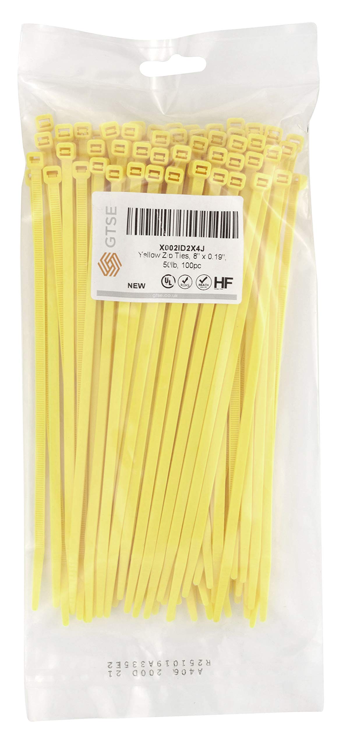 8 Inch Yellow Zip Ties, 100 Pack, 50lb Strength, UV