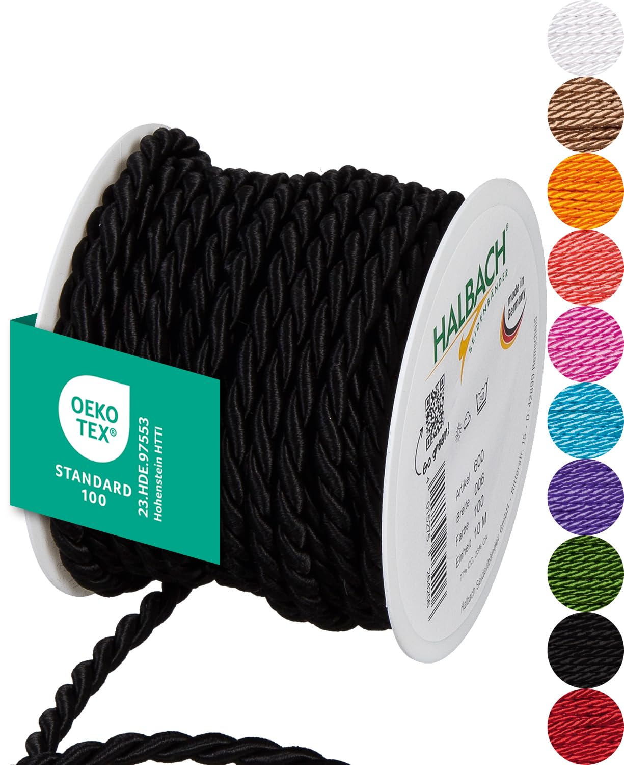 Halbach Seidenbänder Premium Kordel (schwarz) | Breite 6mm Länge 10m | Made in Germany & Öko-Tex Zertifiziert | glänzende Satinkordel aus Acetat
