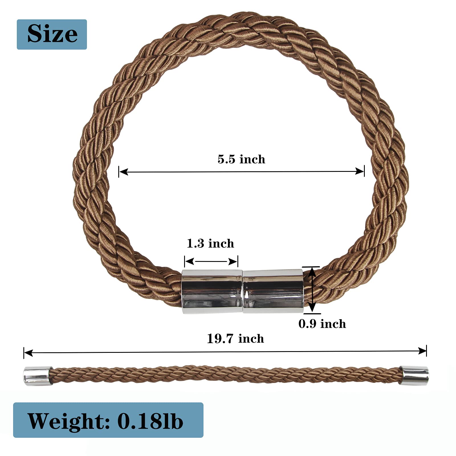 Lot de 4 embrasses de rideaux magnétiques robustes et décoratives en corde kaki de 50 cm pour rideaux fins ou épais avec crochets en métal, légèrement lourdes