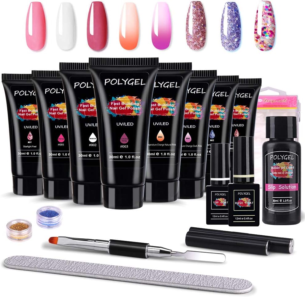 Poly Nail Gel Kit, MYSWEETY 30ml * 8 Tubes (3pcs Glitter/2pcs Thermal Colour Changing/3pcs Pure Colour) Poly Nail Gel Builder Extension Set with Top Coat & Base Coat, Slip Solution and Tips Mole
