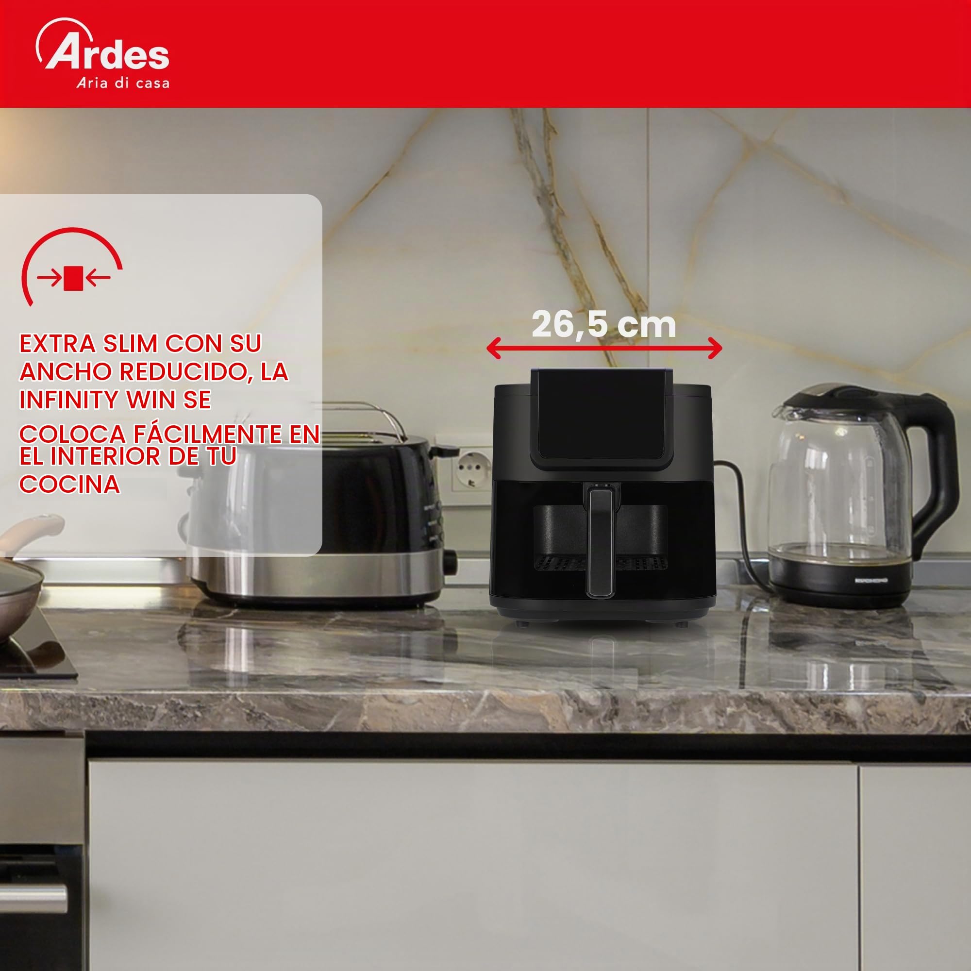 Ardes Friggisana Infinity ARFRYA08LV - Freidora de aire con ventana de 8 litros - Airfryer +35% de espacio y tecnología Rapid Air - con temperatura y temporizador ajustables, luz, pantalla