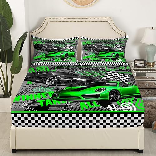 Juego de ropa de cama de auto de carreras, tamaño individual, color verde, para niñas, adolescentes, decoración de dormitorio, niños, deportes