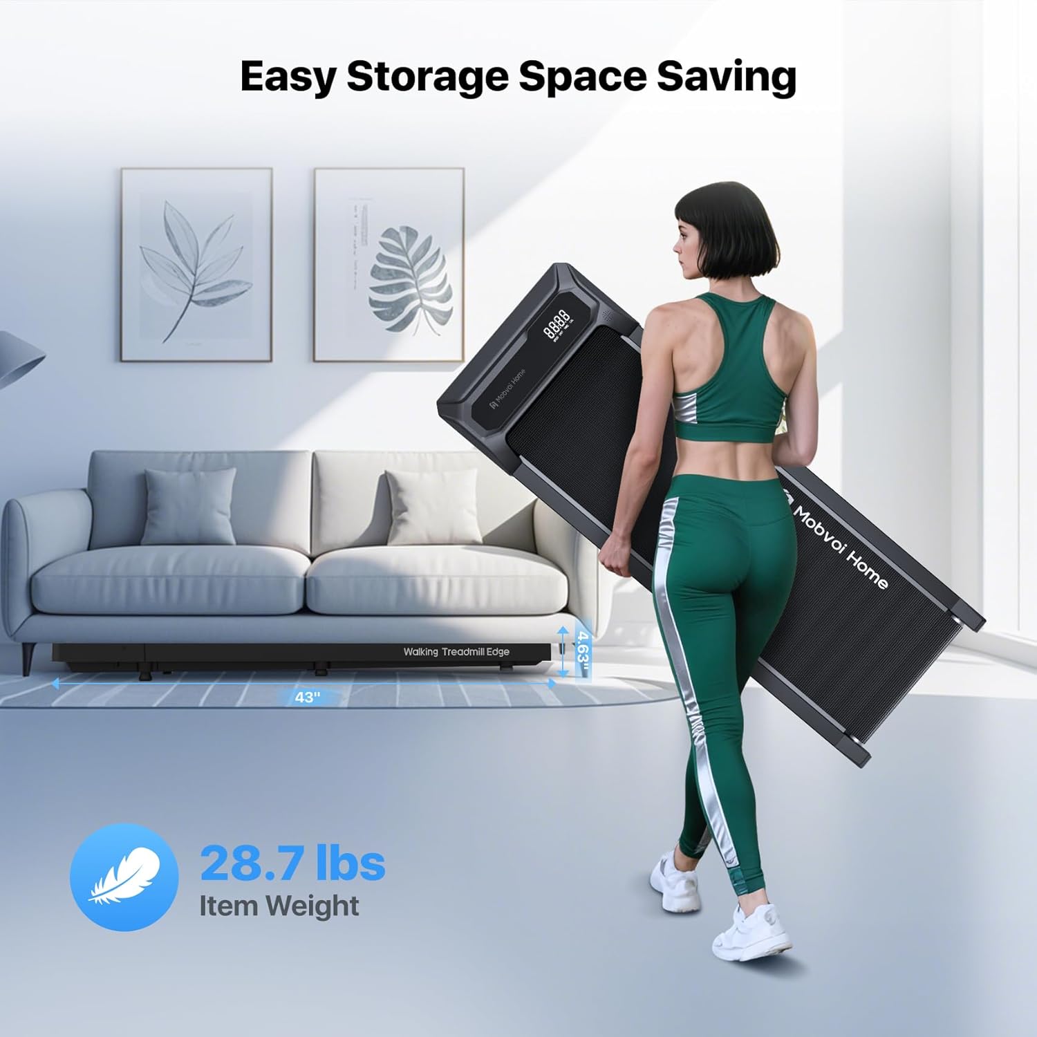 A woman easily carrying the lightweight Mobvoi Walking Pad Treadmill Edge, demonstrating its portability and compact storage under a sofa.