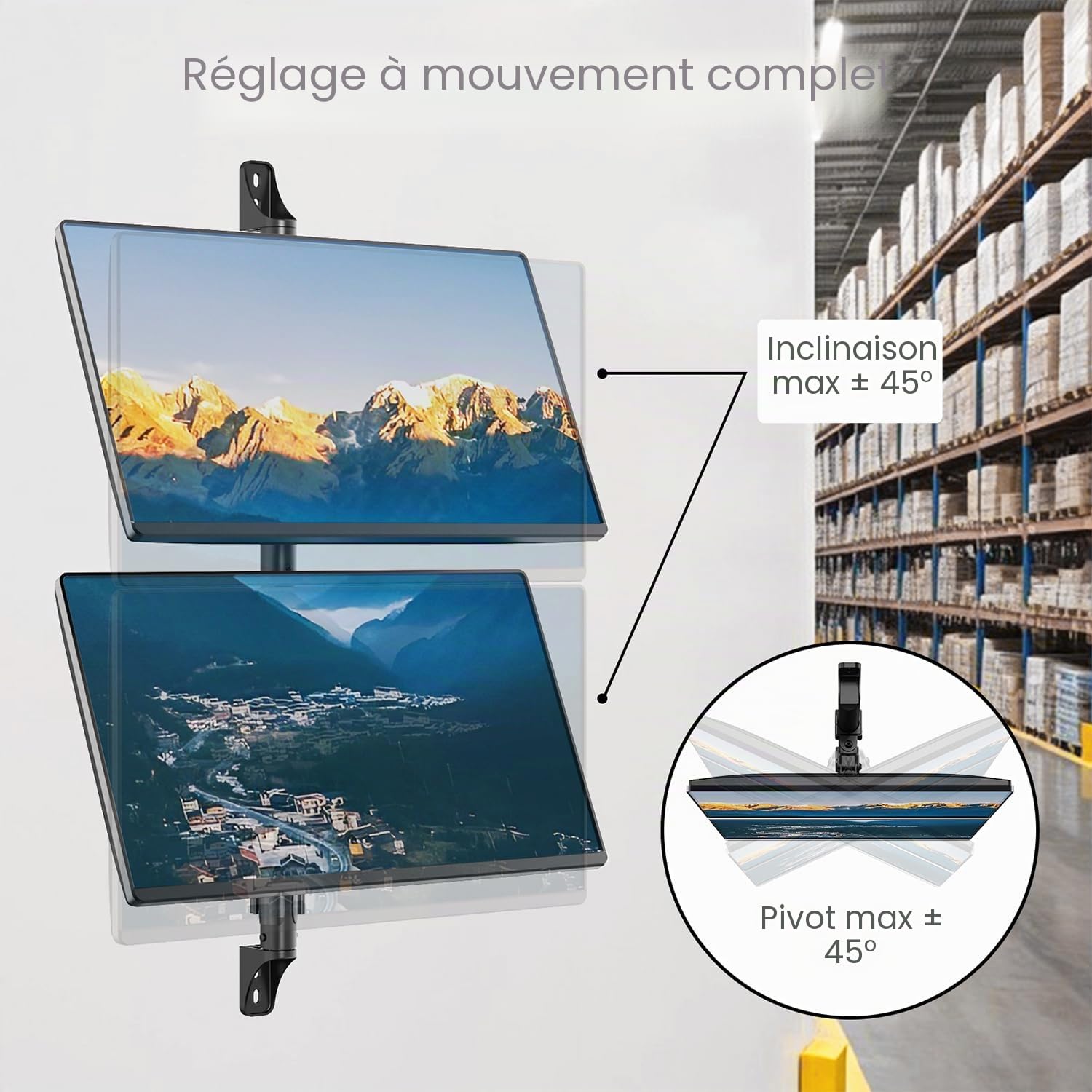 Support Mural pour moniteurs de 17" - 32" jusqu'à 9KG, Support Mural Double Moniteur entièrement réglable, VESA75/100mm, Noir