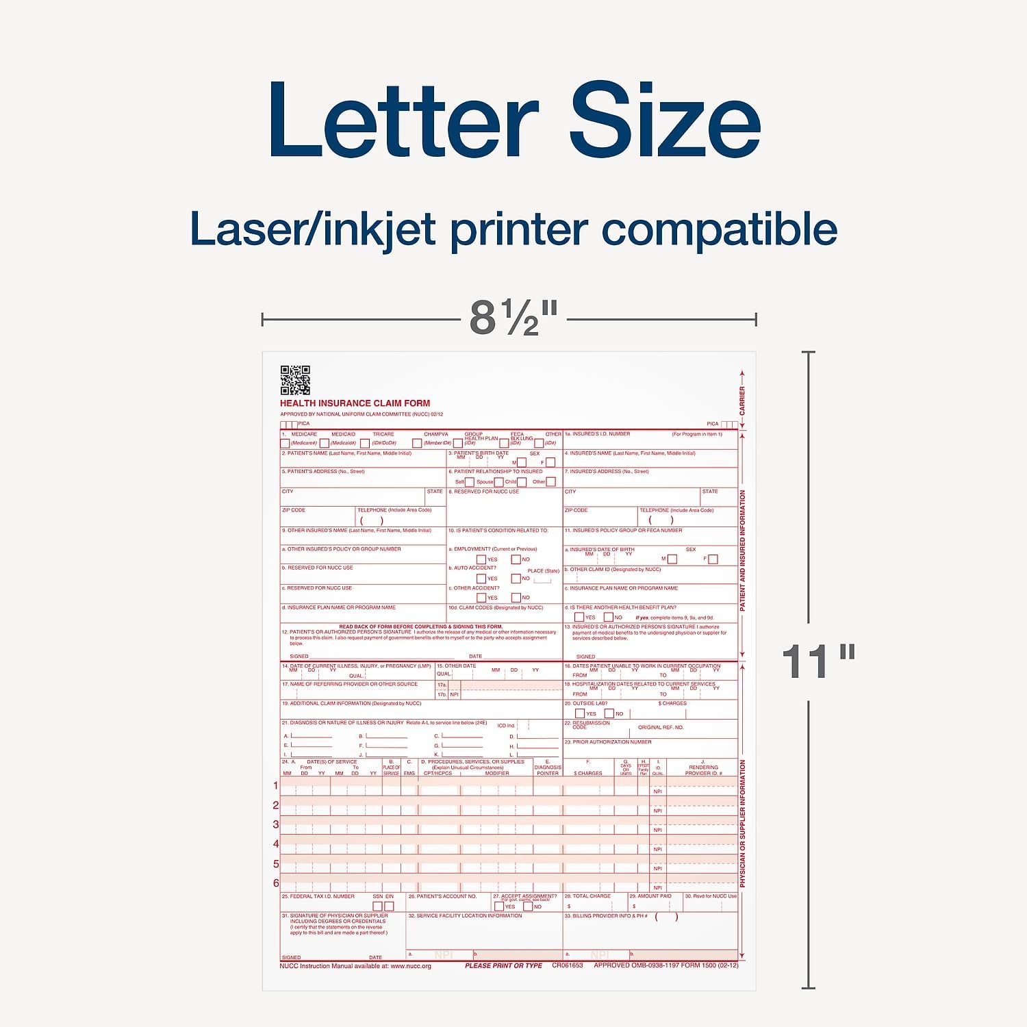 TOPS Health Insurance Claim Forms for Laser Printer, 8.5 x 11 inches, 500 Sheets per Pack (50126RV)