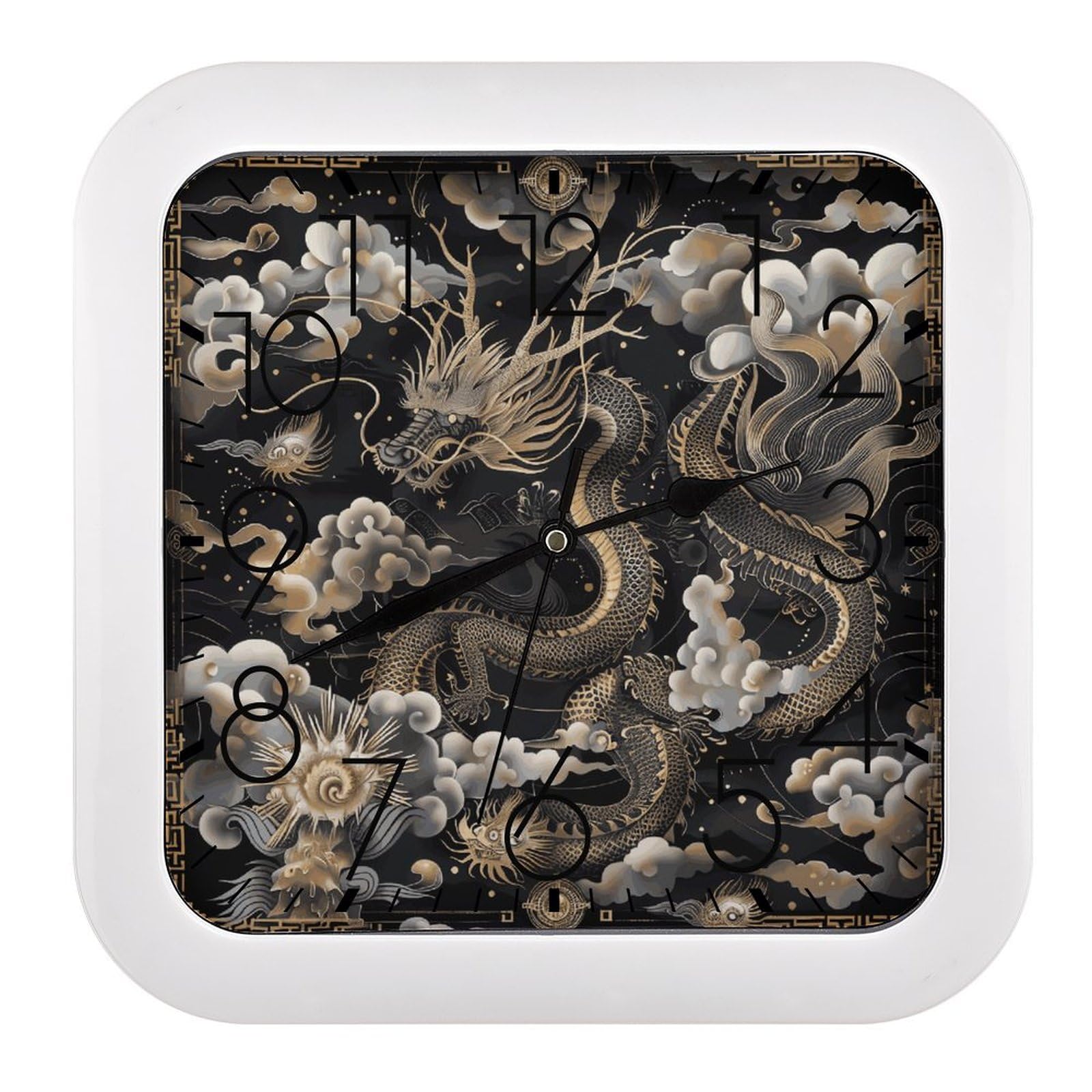 Horloge murale silencieuse sans tic-tac noire dragon chinois pour bureau